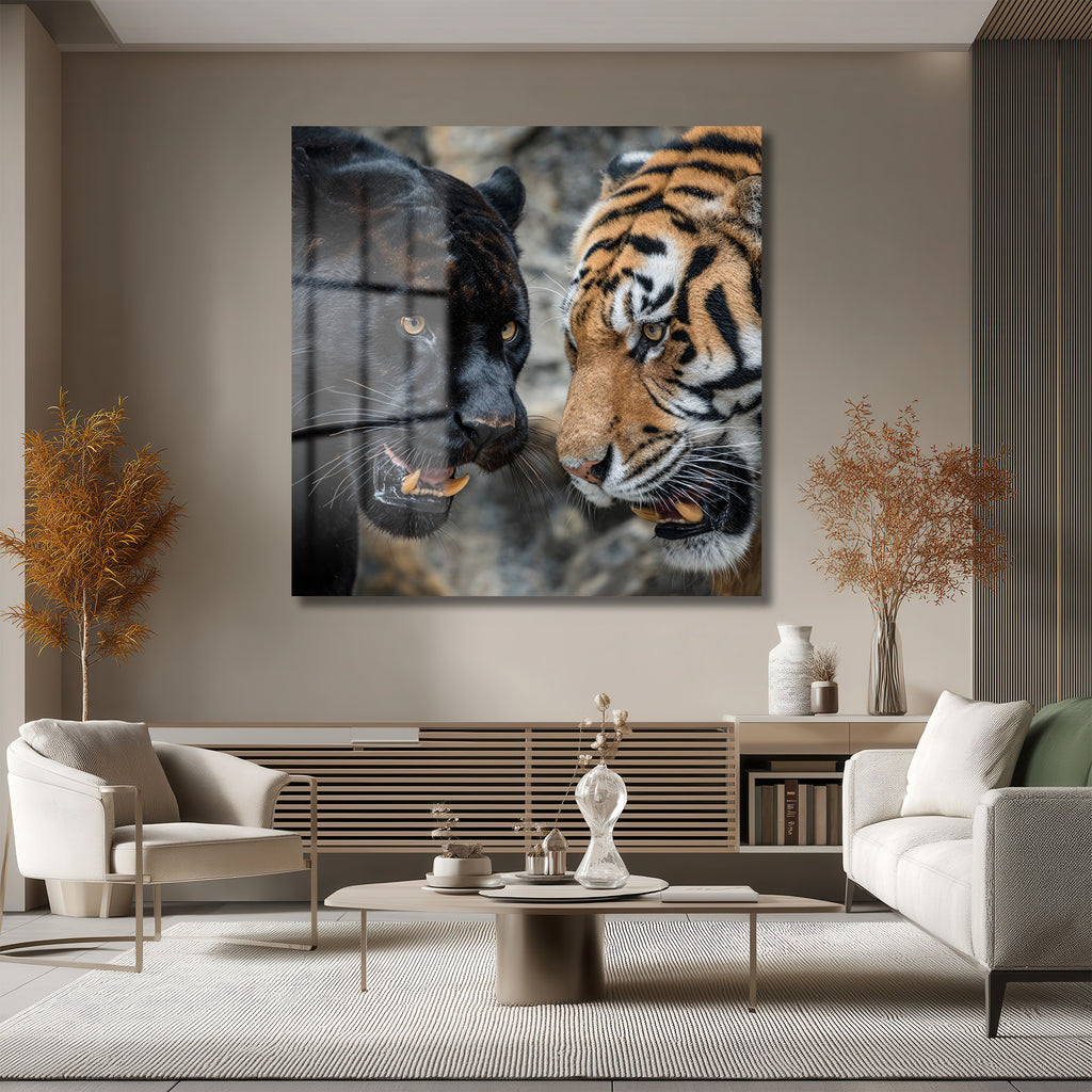 Siyah Panter ve Kaplan Karşılaşması Temperli Cam Tablo