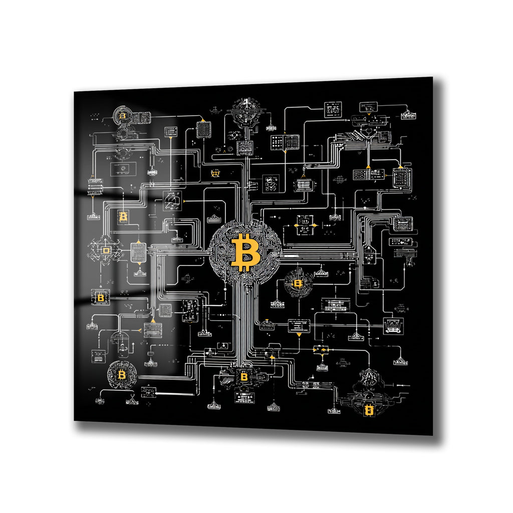 Siyah bir zemin üzerinde karmaşık beyaz devre şemaları ve altın rengi Bitcoin (B) logolarıyla tasarlanmış, modern ve teknolojik temalı bir cam tablo.