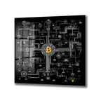 Siyah bir zemin üzerinde karmaşık beyaz devre şemaları ve altın rengi Bitcoin (B) logolarıyla tasarlanmış, modern ve teknolojik temalı bir cam tablo.