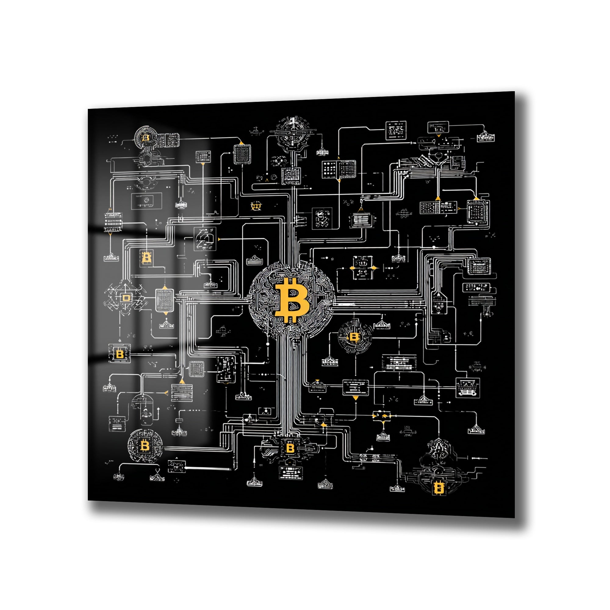 Siyah bir zemin üzerinde karmaşık beyaz devre şemaları ve altın rengi Bitcoin (B) logolarıyla tasarlanmış, modern ve teknolojik temalı bir cam tablo.
