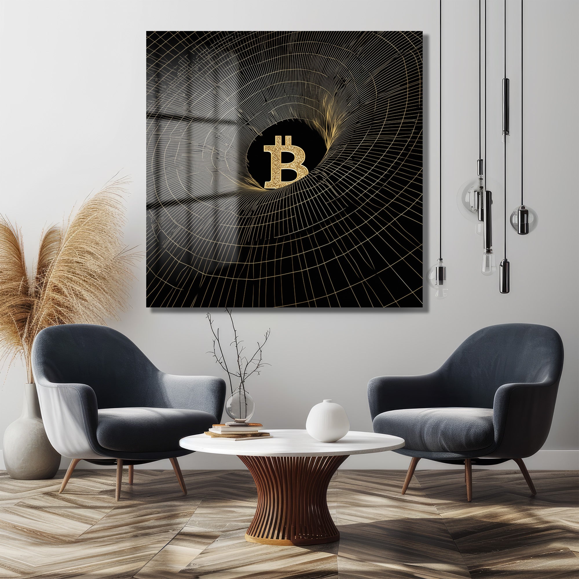 Bitcoin Vortex Altın Detaylı Modern Cam Tablo