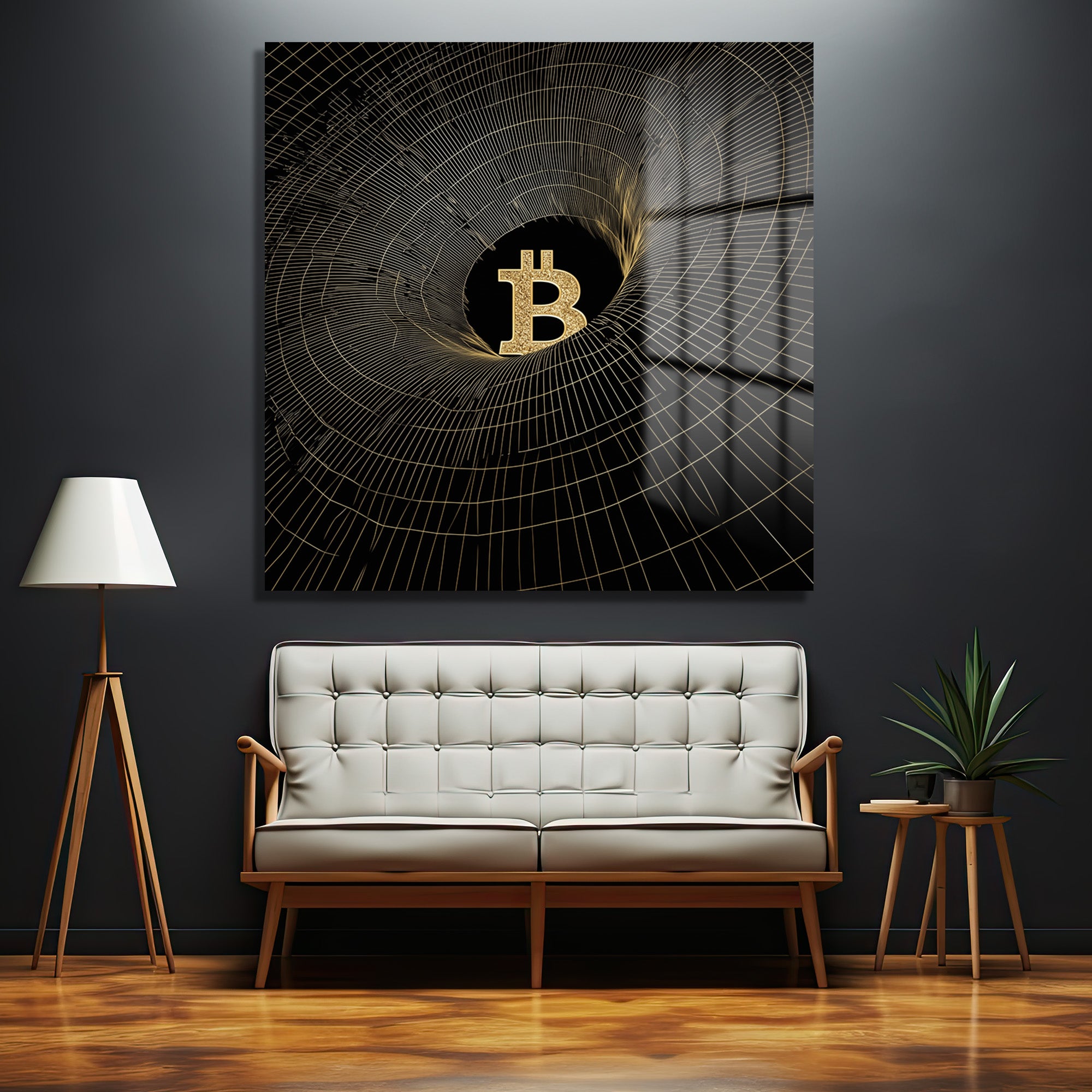 Koyu gri duvarda asılı, siyah zemin üzerine altın renkli parıltılı Bitcoin sembolü ve etrafında dönen soyut ızgara desenli modern cam tablo. Altında beyaz modern bir kanepe ve ahşap aksesuarlar bulunuyor.