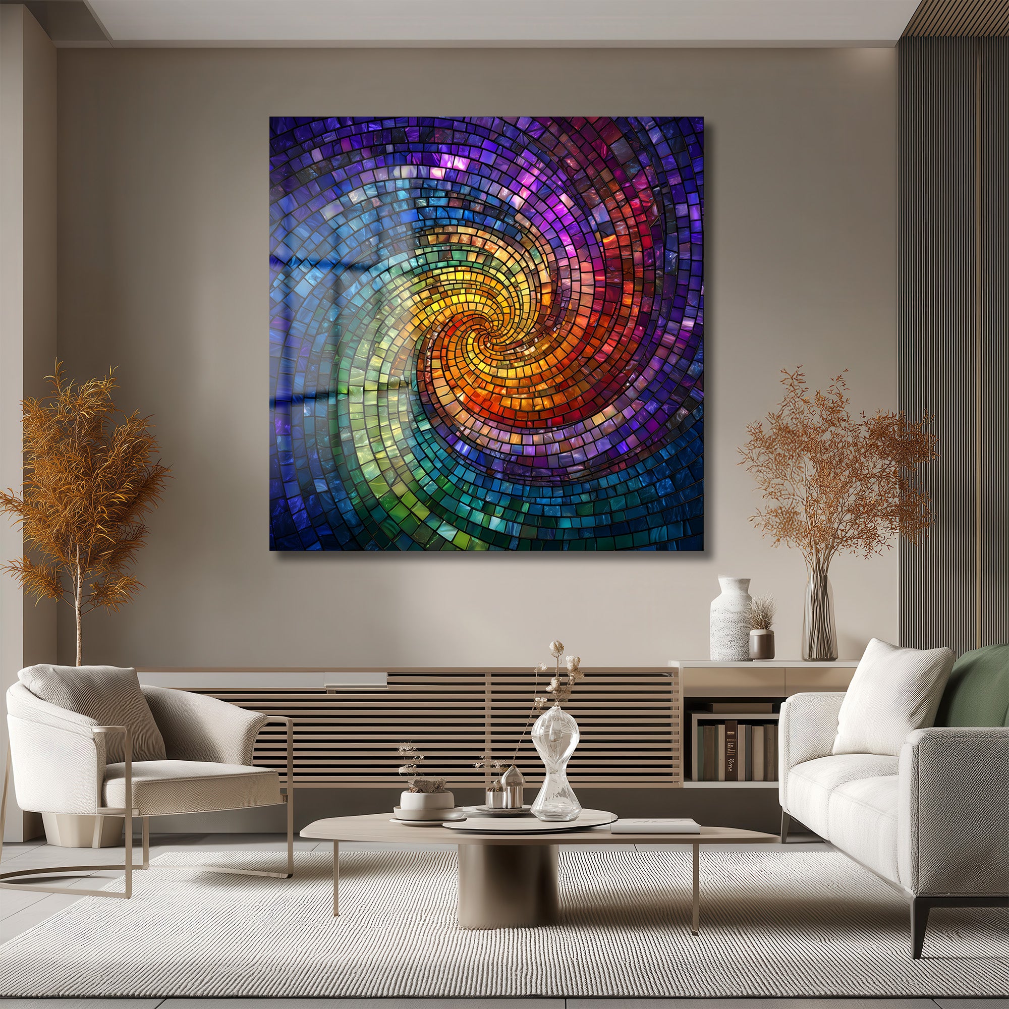 Gökkuşağı Mozaik Spiral Cam Tablo | Enerjik Renklerle Mekanlara Dinamizm