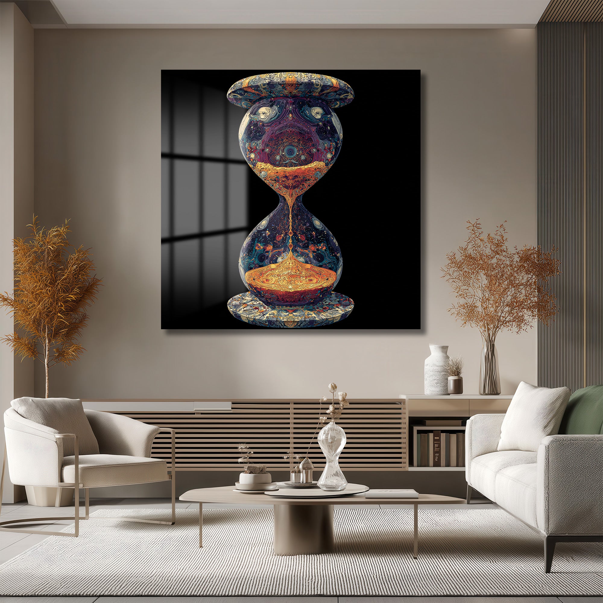 Zamanın Derinlikleri: Psychedelic Kum Saati Desenli Sanatsal Cam Tablo
