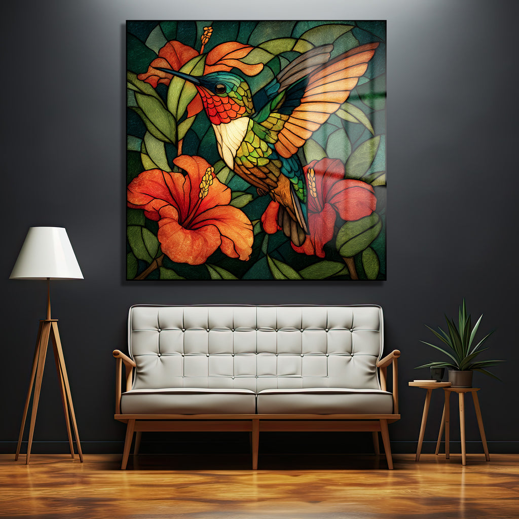 Vitray Sanatı Kolibri ve Hibiskus Cam Tablo