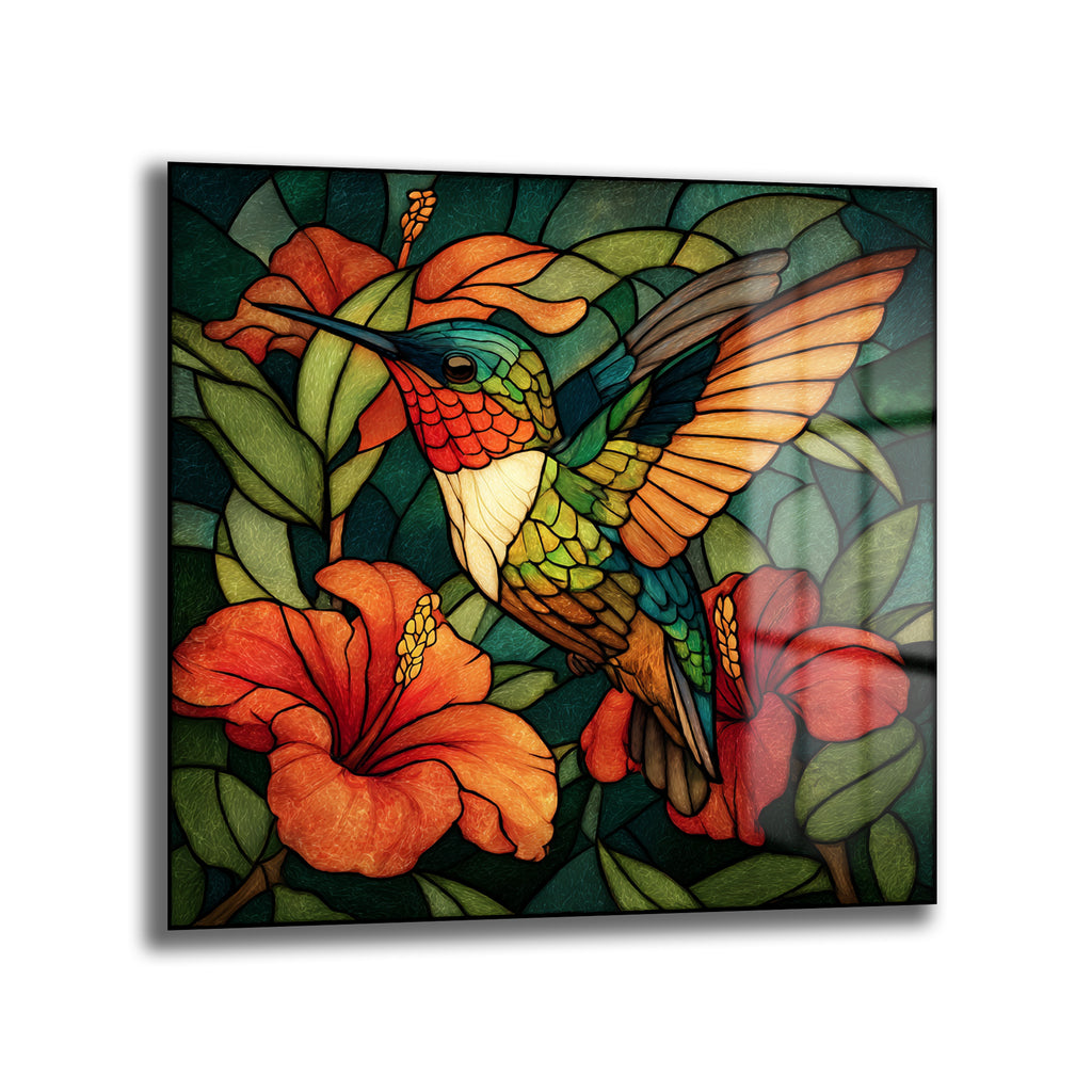 Vitray Sanatı Kolibri ve Hibiskus Cam Tablo