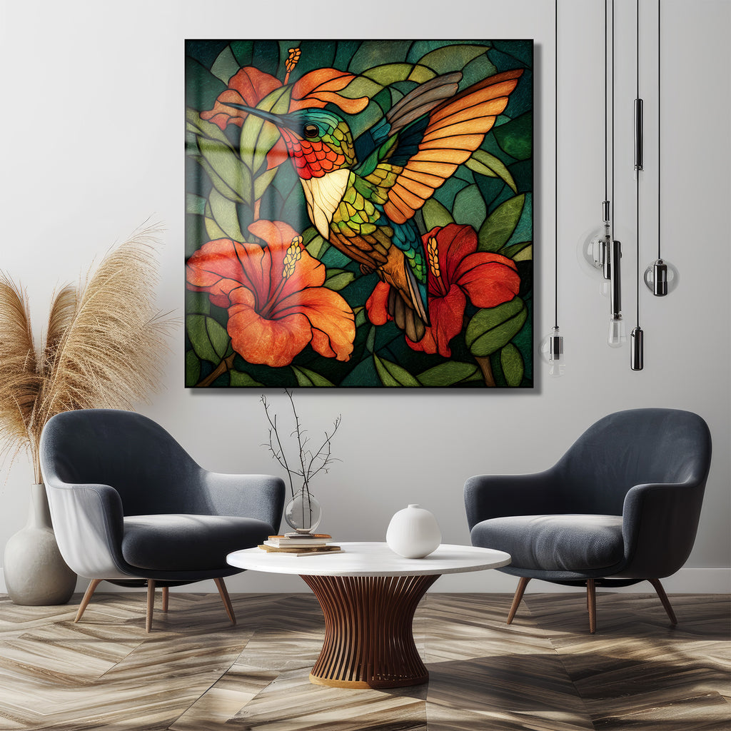 Vitray Sanatı Kolibri ve Hibiskus Cam Tablo