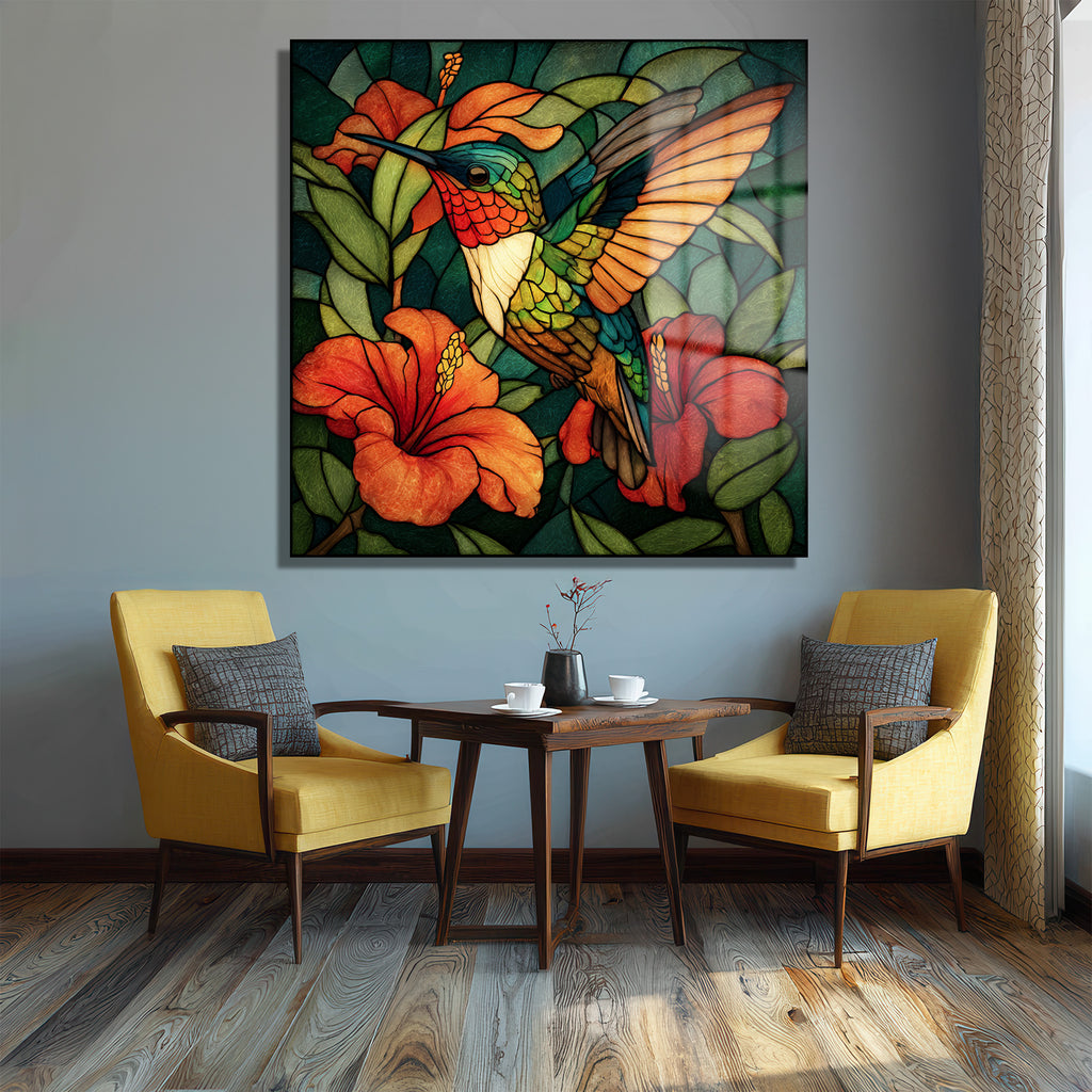 Vitray Sanatı Kolibri ve Hibiskus Cam Tablo