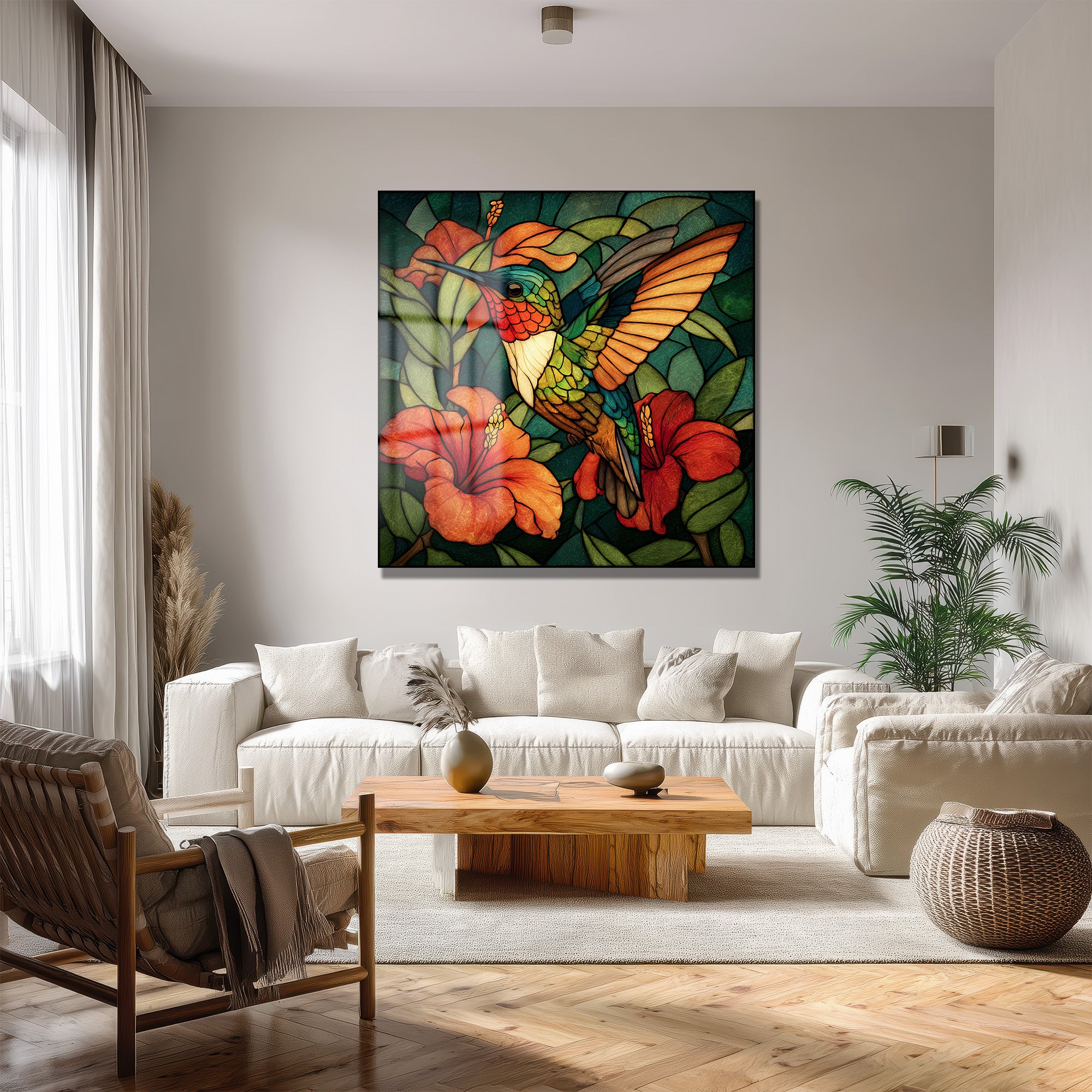 Vitray Sanatı Kolibri ve Hibiskus Cam Tablo