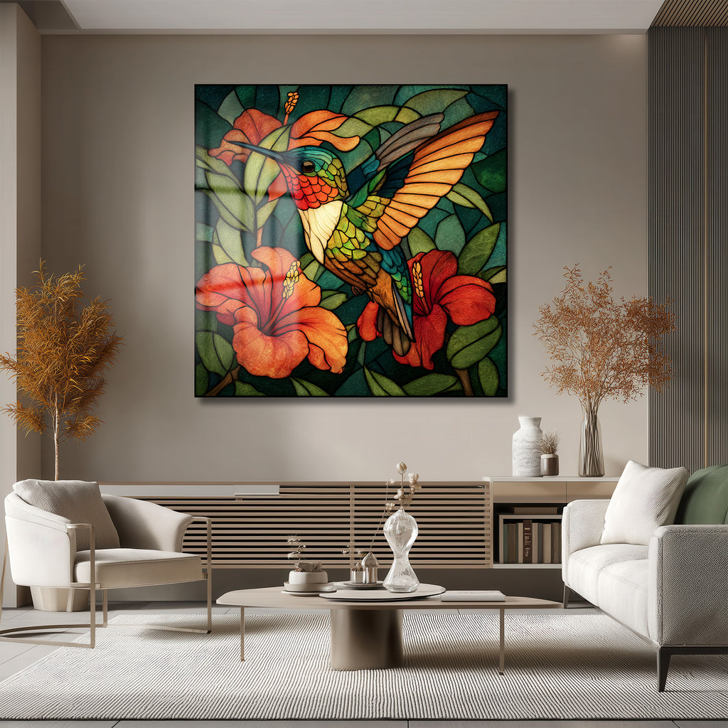 Vitray Sanatı Kolibri ve Hibiskus Cam Tablo