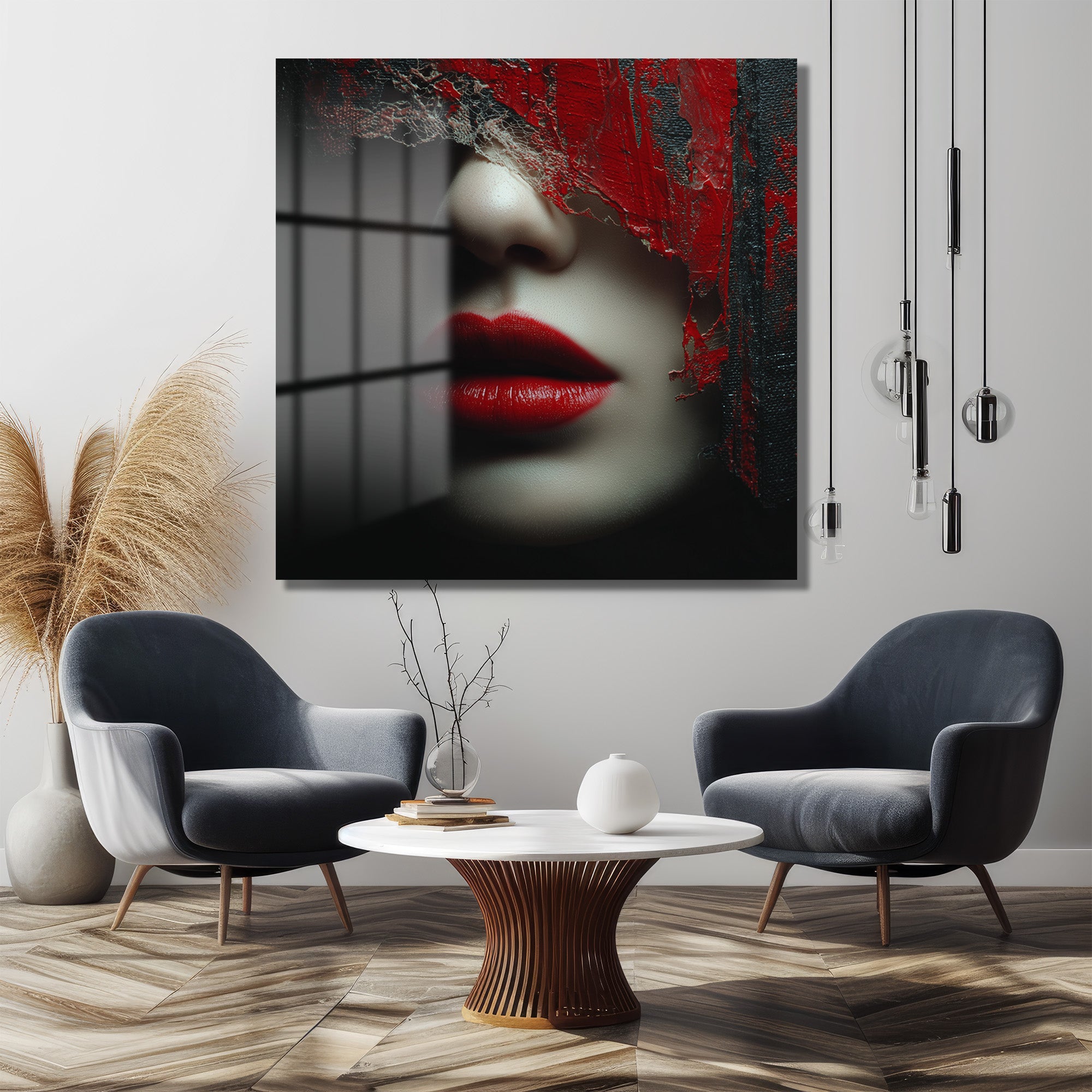 Gizemli Kırmızı Dudaklar Modern Soyut Sanat Cam Tablo