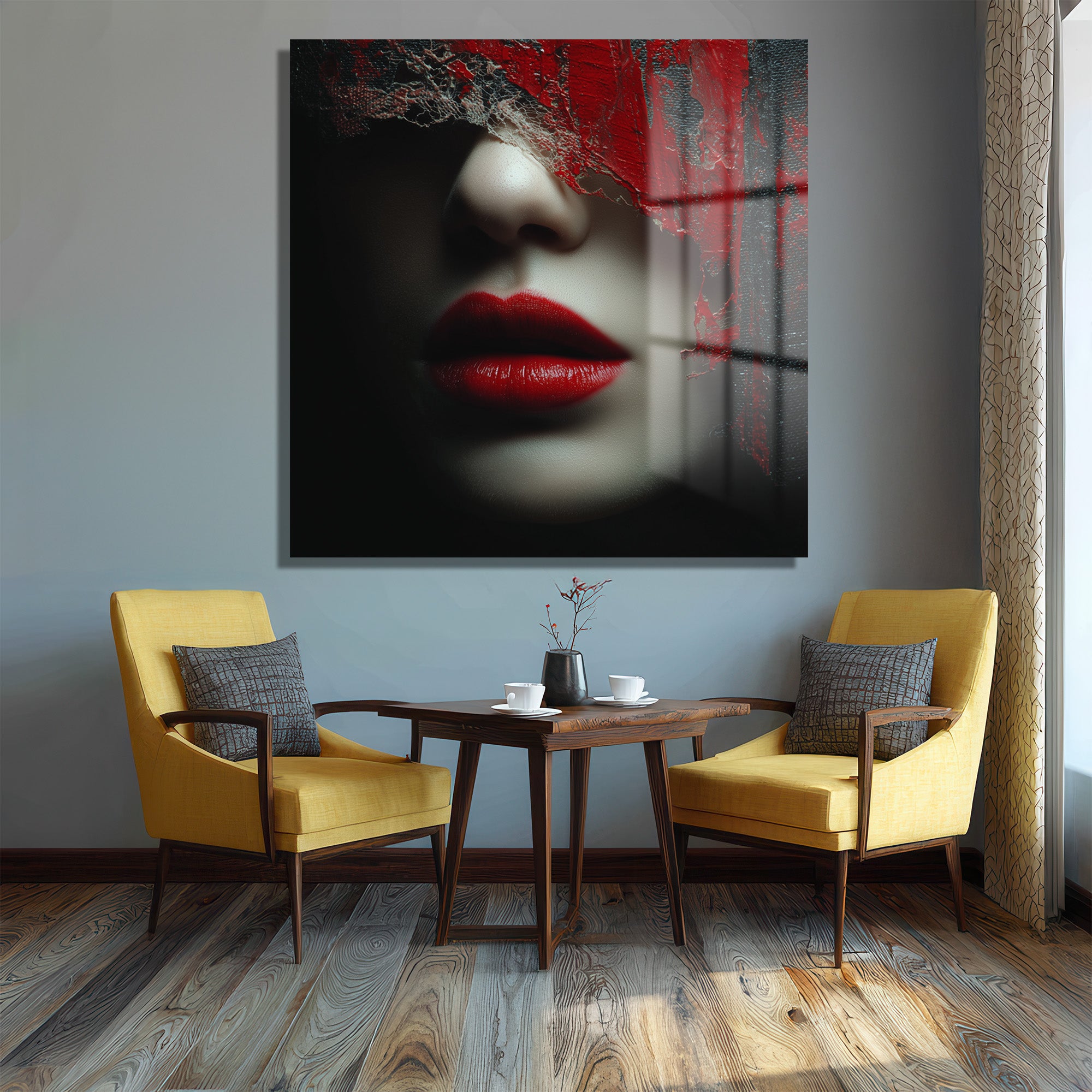Gizemli Kırmızı Dudaklar Modern Soyut Sanat Cam Tablo