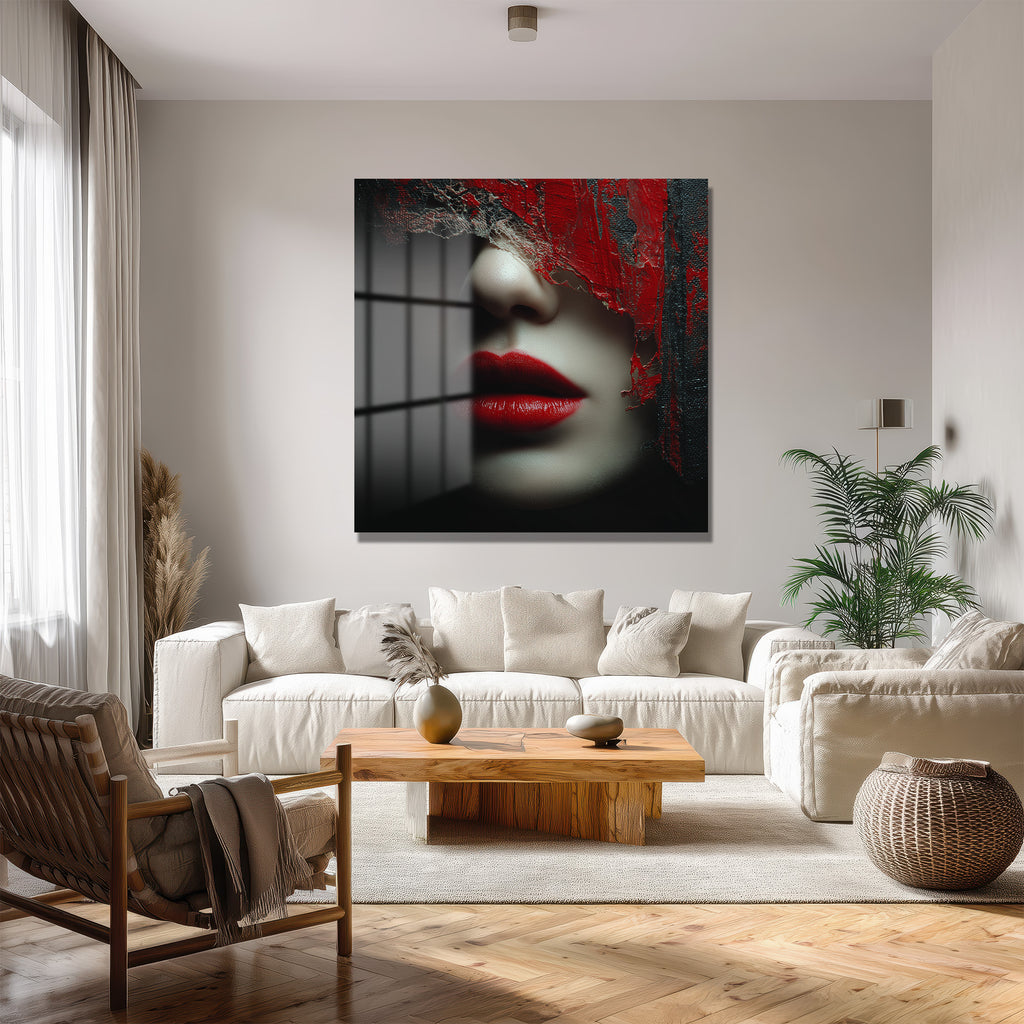 Gizemli Kırmızı Dudaklar Modern Soyut Sanat Cam Tablo