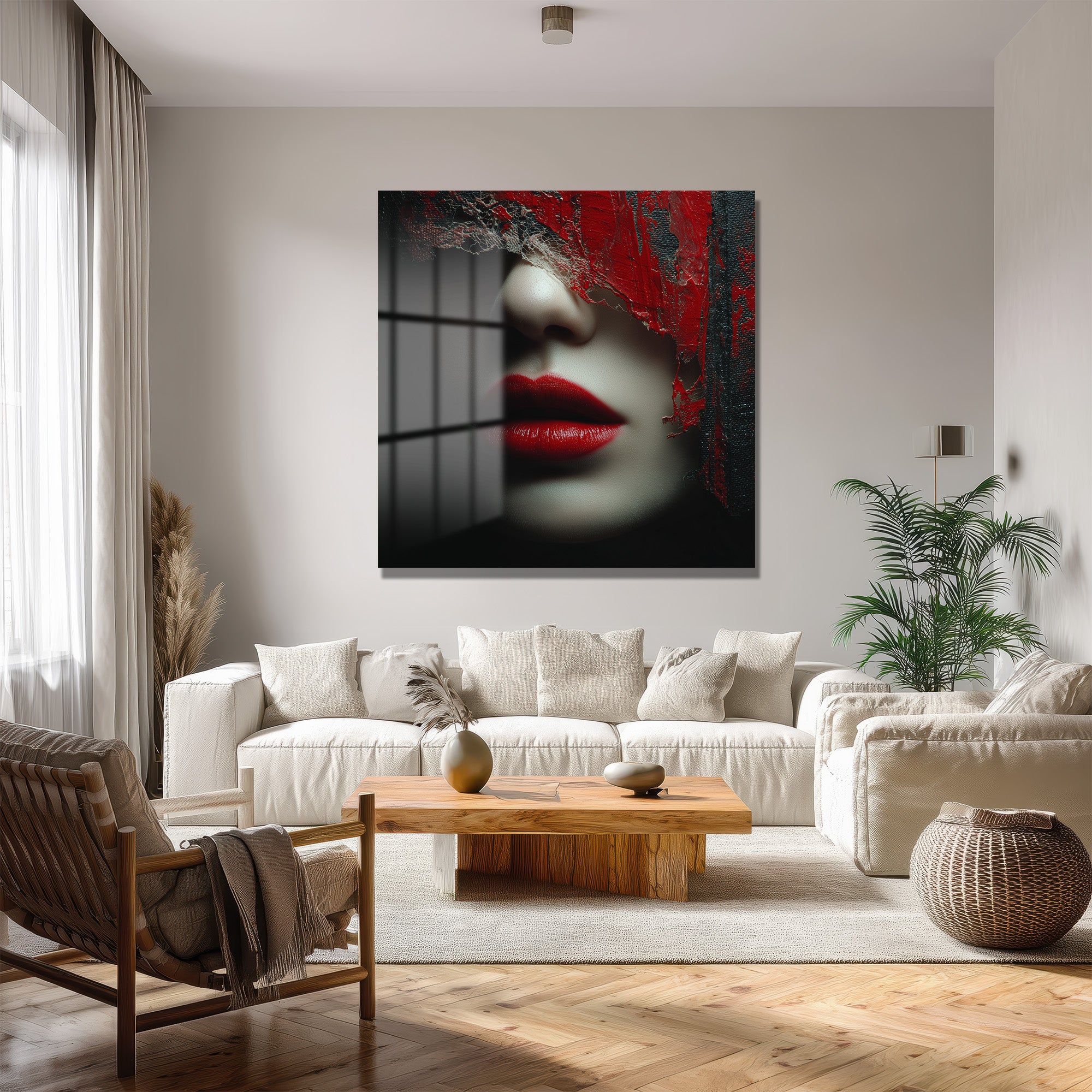 Gizemli Kırmızı Dudaklar Modern Soyut Sanat Cam Tablo