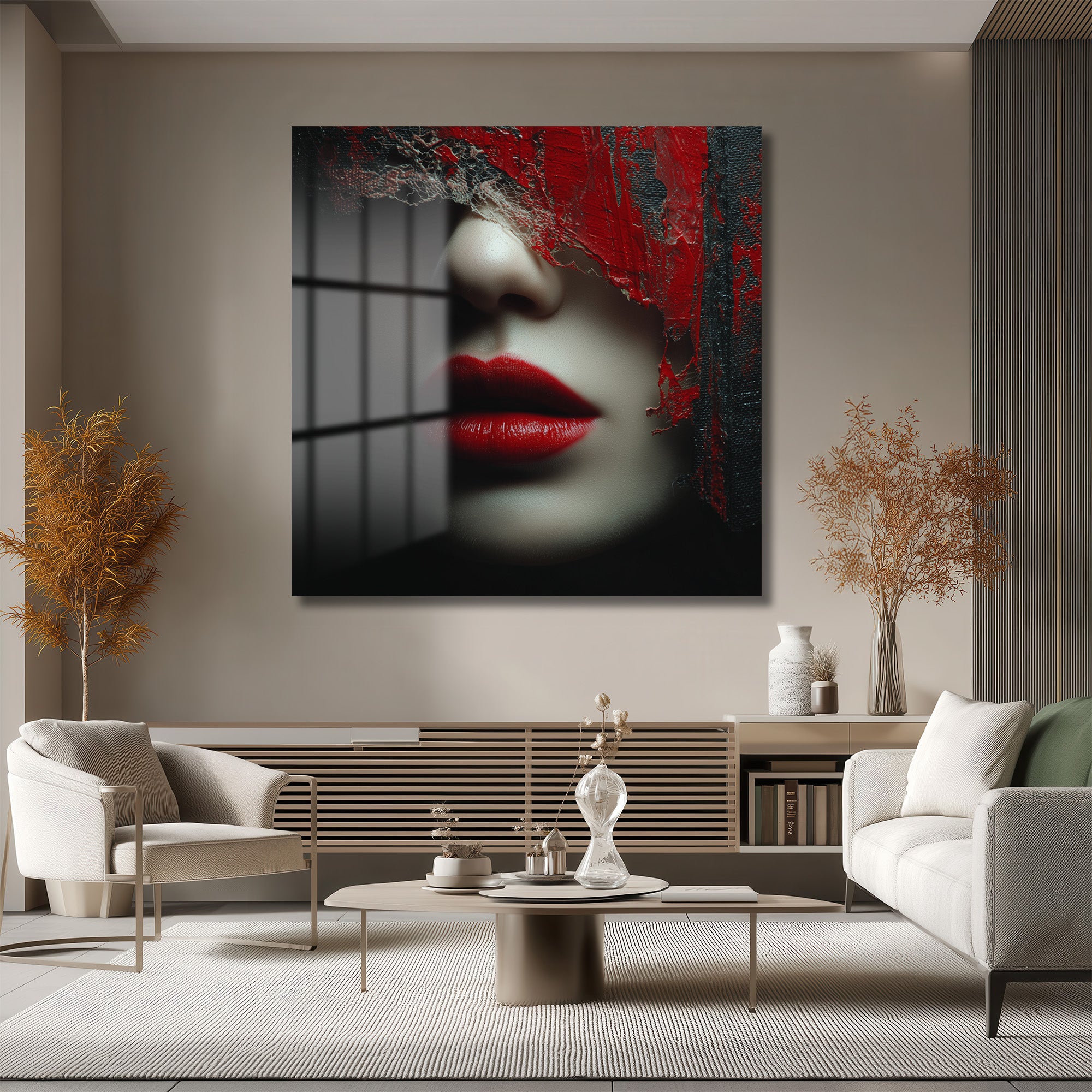 Gizemli Kırmızı Dudaklar Modern Soyut Sanat Cam Tablo