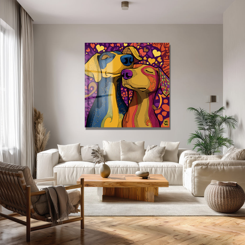 Aşk Dolu Köpekler Temalı Canlı Renkli Modern Cam Tablo