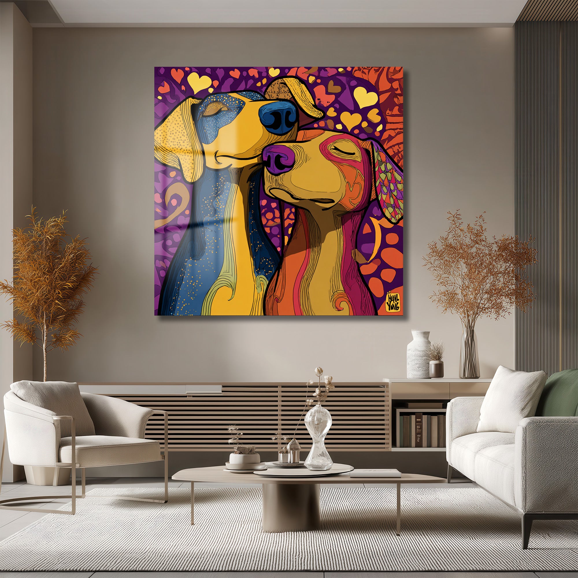 Aşk Dolu Köpekler Temalı Canlı Renkli Modern Cam Tablo