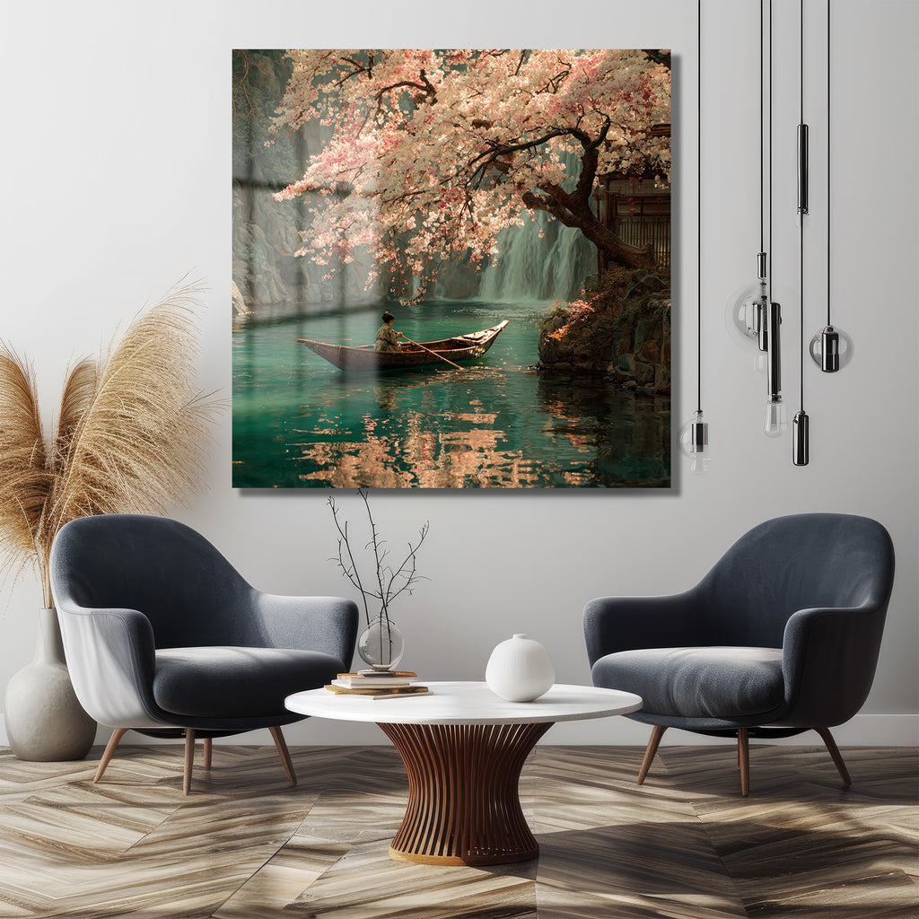Sakura Çiçekleri ve Tekne: Huzurlu Japon Manzarası Cam Tablo