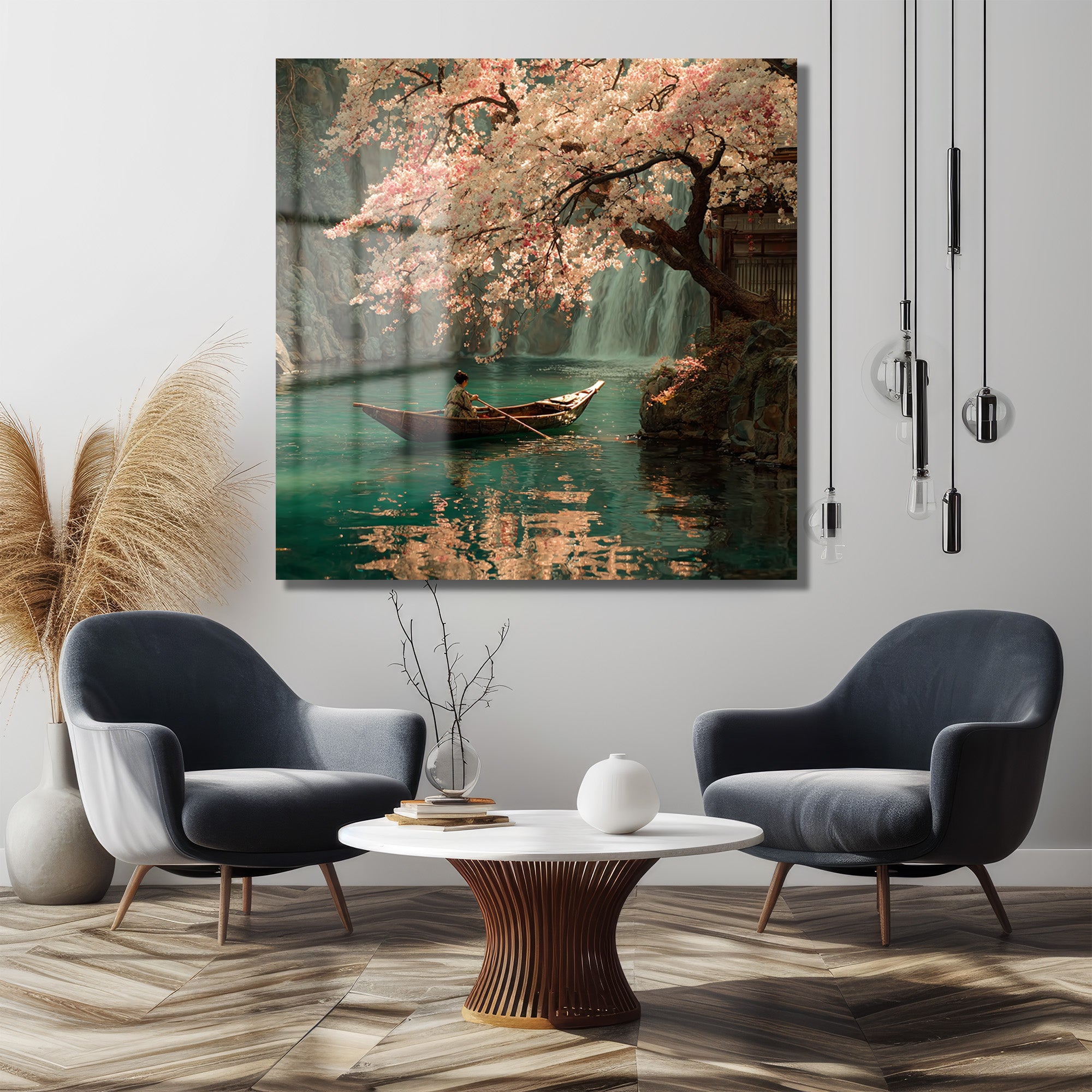 Sakura Çiçekleri ve Tekne: Huzurlu Japon Manzarası Cam Tablo