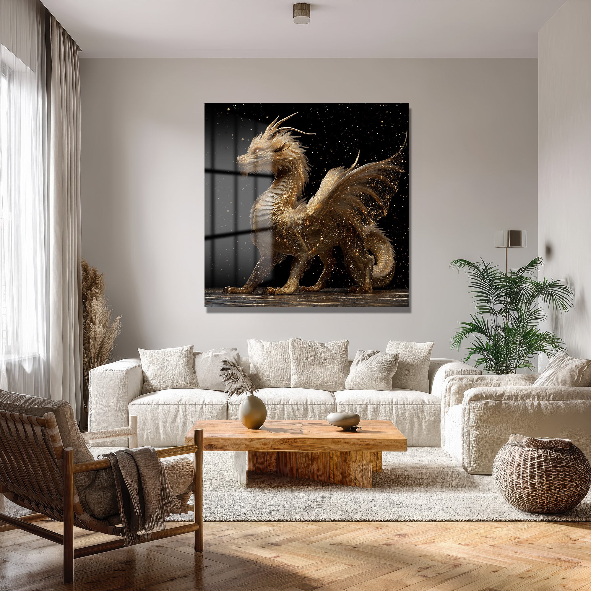 Altın Ejderha Büyüsü: Parıltılı Fantastik Cam Tablo