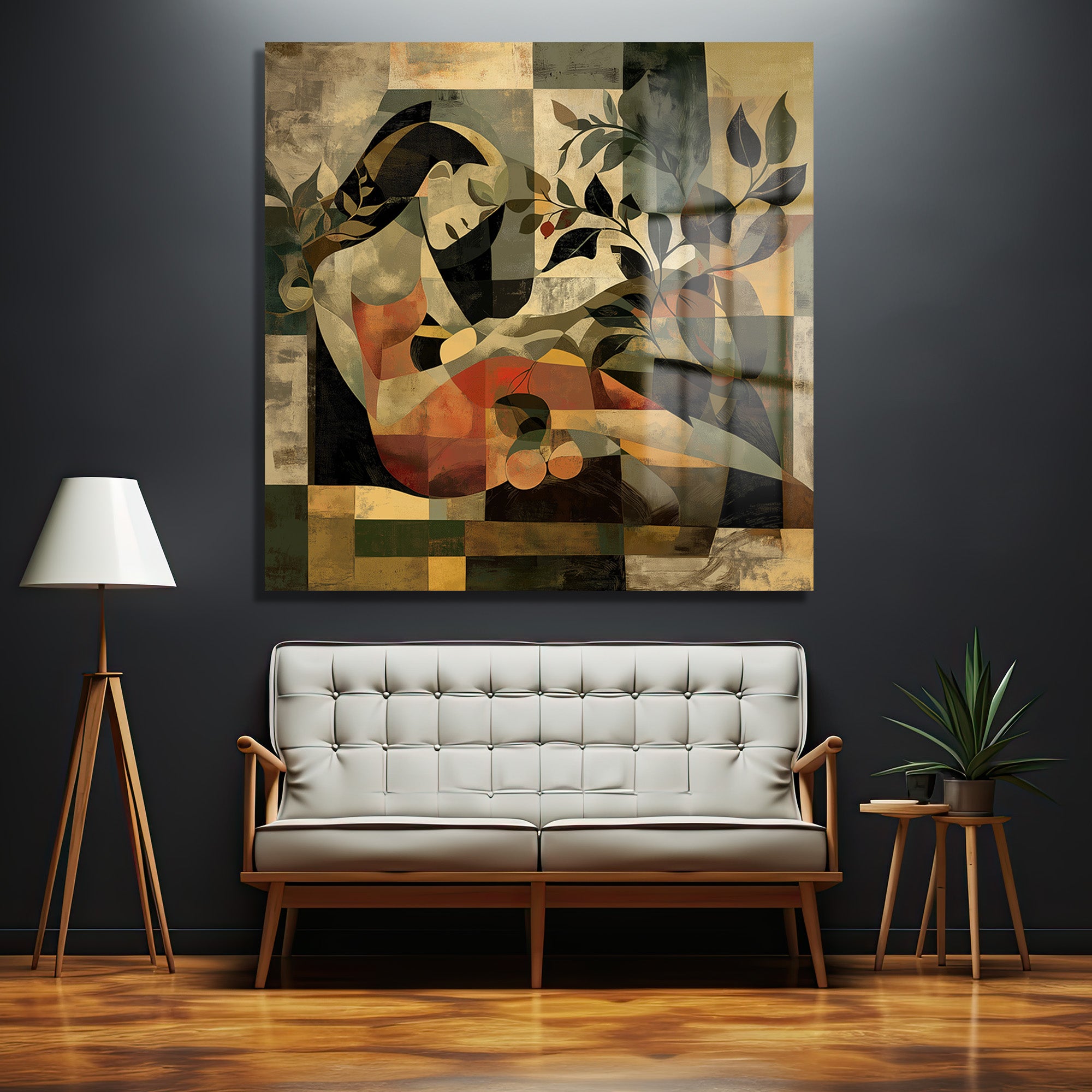 Modern sanat tarzında, geometrik desenler ve toprak tonlarında, uzanan bir kadın figürü ile yaprak ve meyve dallarının birleştiği büyük boyutlu cam tablo. Arka planda bej, yeşil ve kahverengi bloklar yer alıyor.