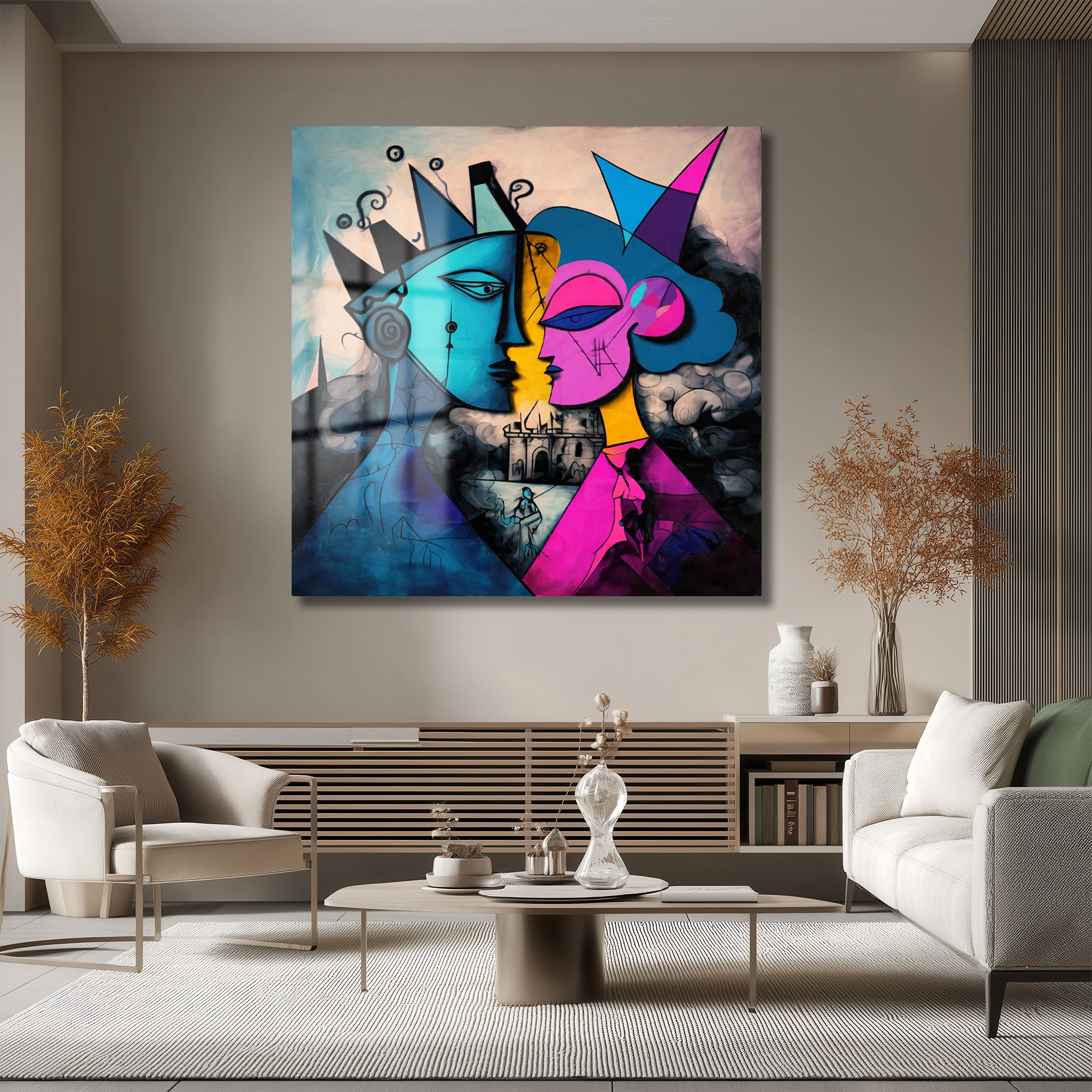 Modern Aşk Temalı Soyut Sanat Temperli Cam Tablo