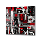 Siyah, kırmızı ve beyaz renklerde, karmaşık geometrik şekiller, çizgiler ve dairelerden oluşan, modern soyut sanatsal bir cam tablo. Dinamik ve katmanlı bir kompozisyona sahip.