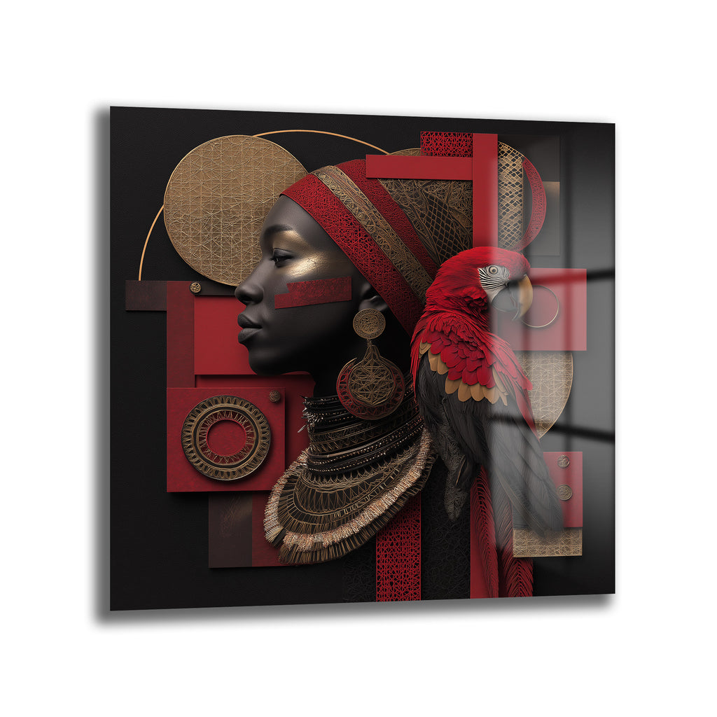 Afrika Kraliçesi ve Papağan Cam Tablo | Kırmızı & Altın Modern Sanat