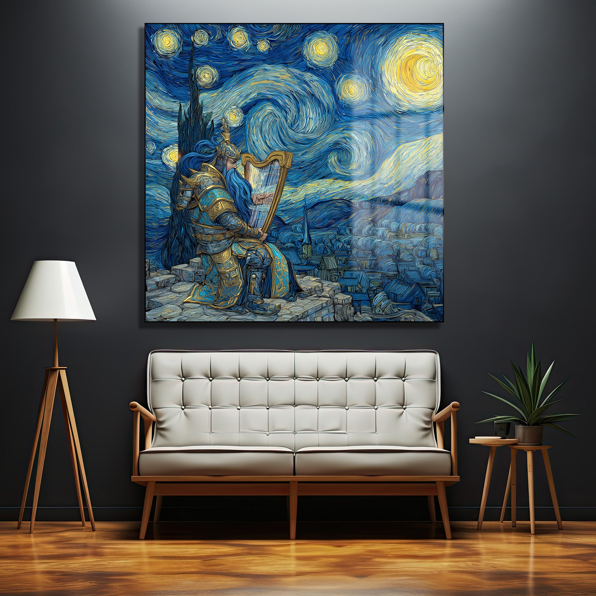 Van Gogh'un Yıldızlı Gece tablosu stilinde, mavi ve sarı tonlarında, zırhlı bir şövalyenin bir tepede oturmuş lir çaldığı ve altında bir kasabanın uzandığı, girdaplı gökyüzü temalı bir cam tablo.