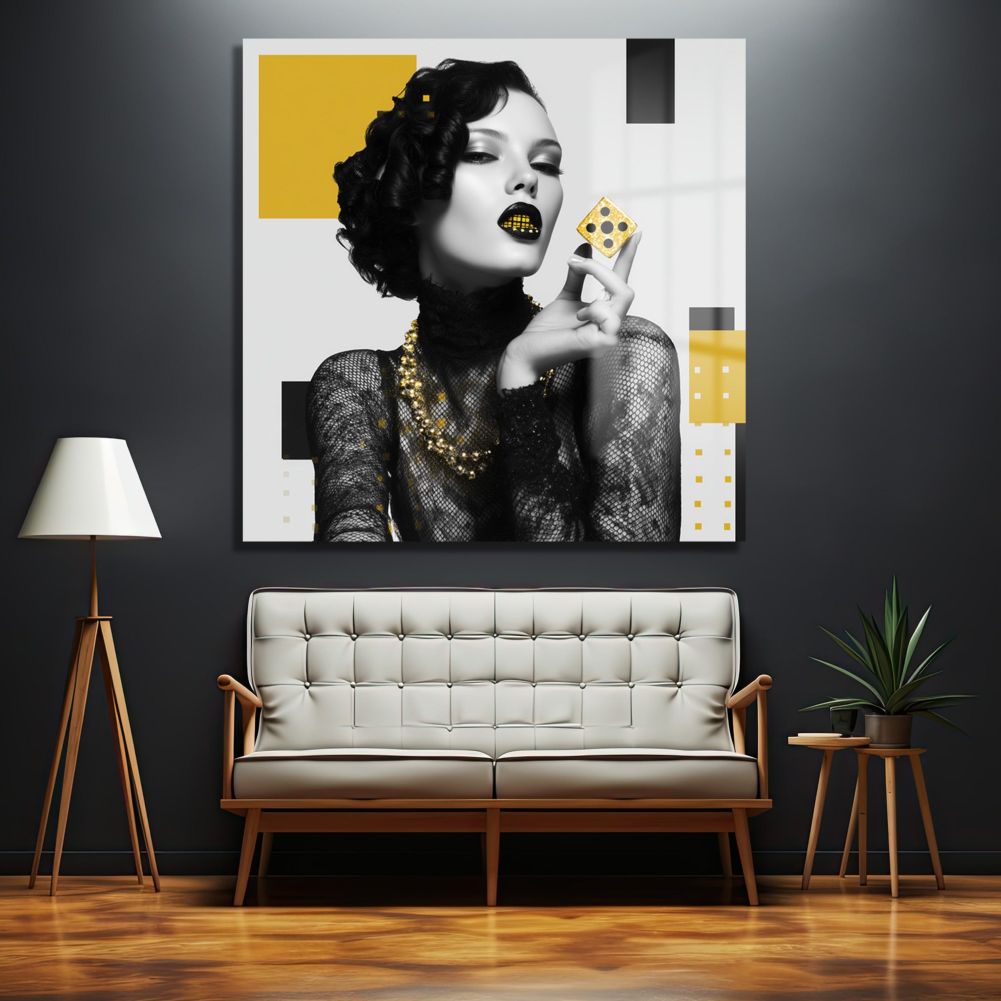 Art Deco Glamour: Altın Zar ve Gizemli Kadın Cam Tablo