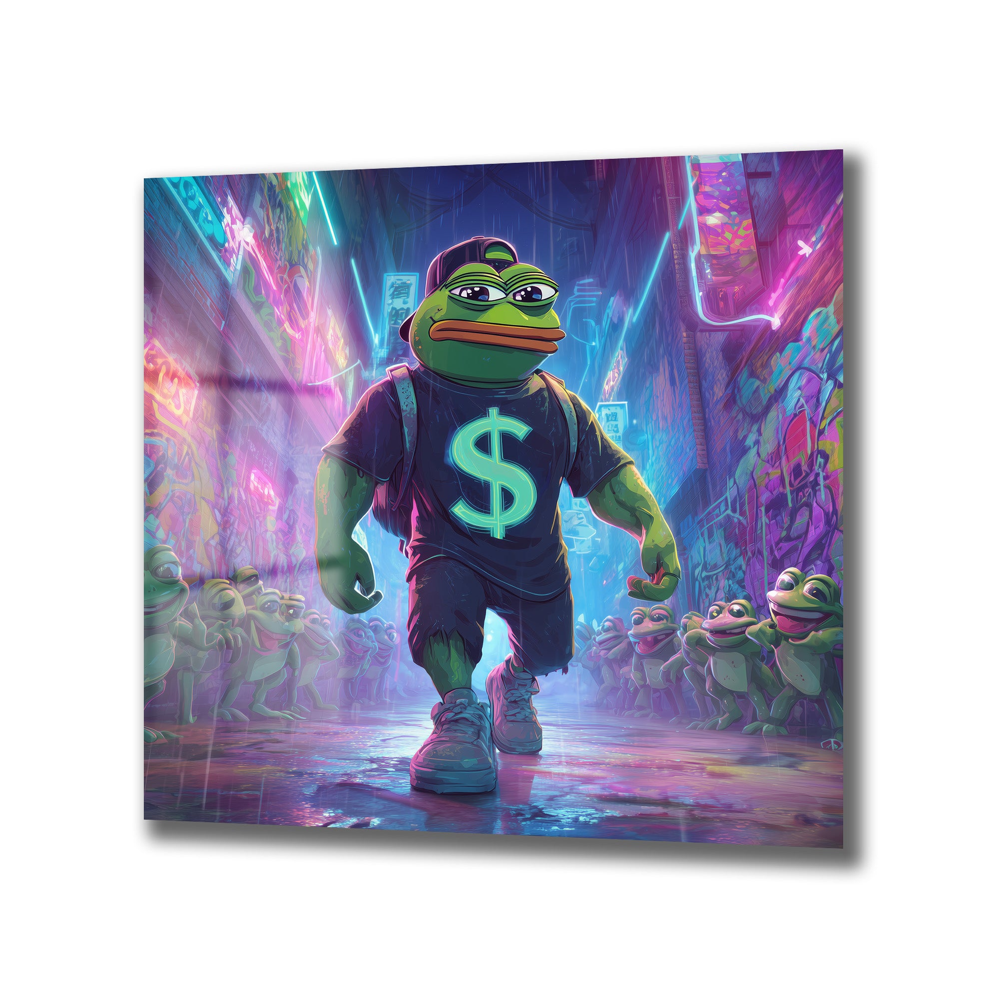 Pepe the Frog Neon Işıklar Altında: Dijital Sanat Cam Tablo