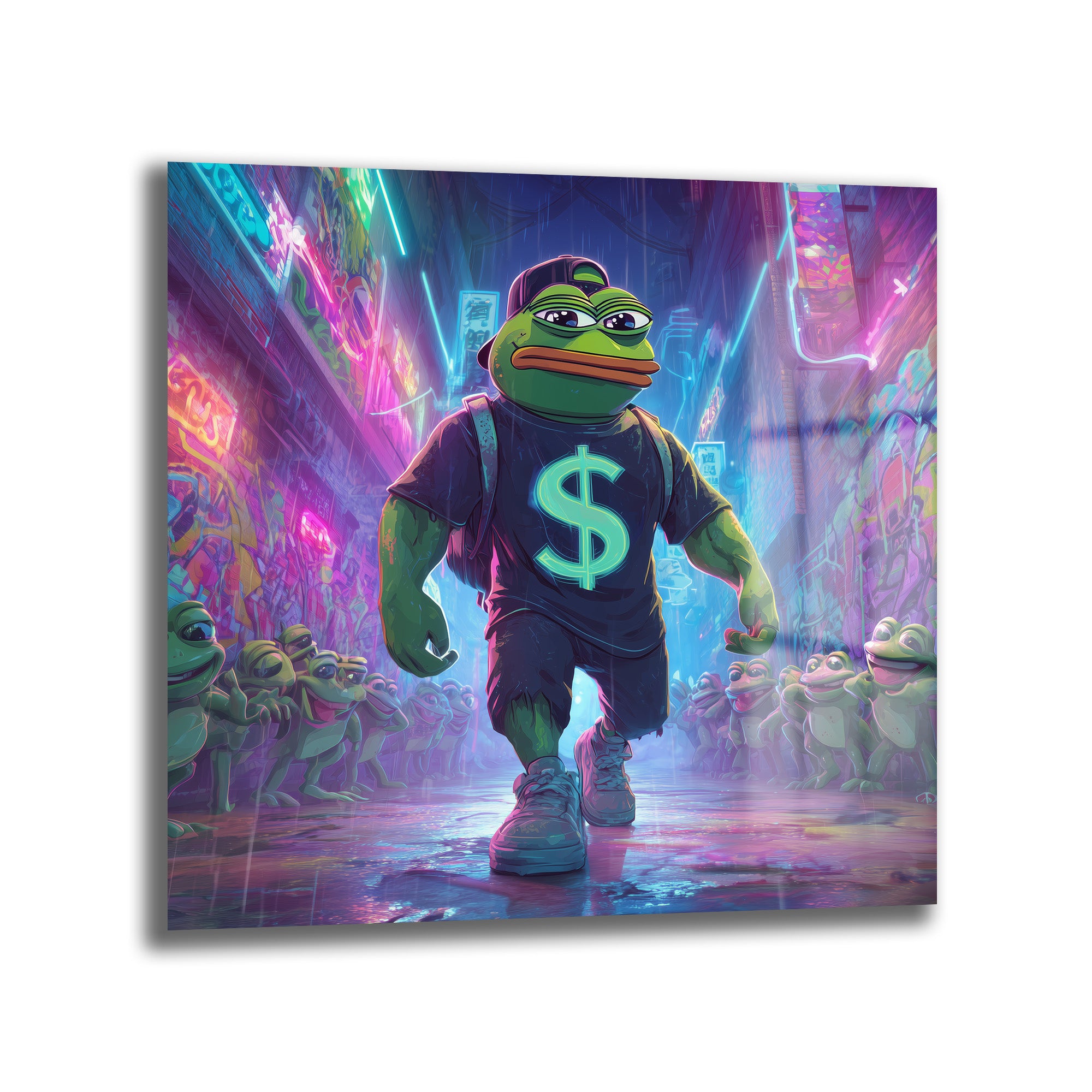 Pepe the Frog Neon Işıklar Altında: Dijital Sanat Cam Tablo