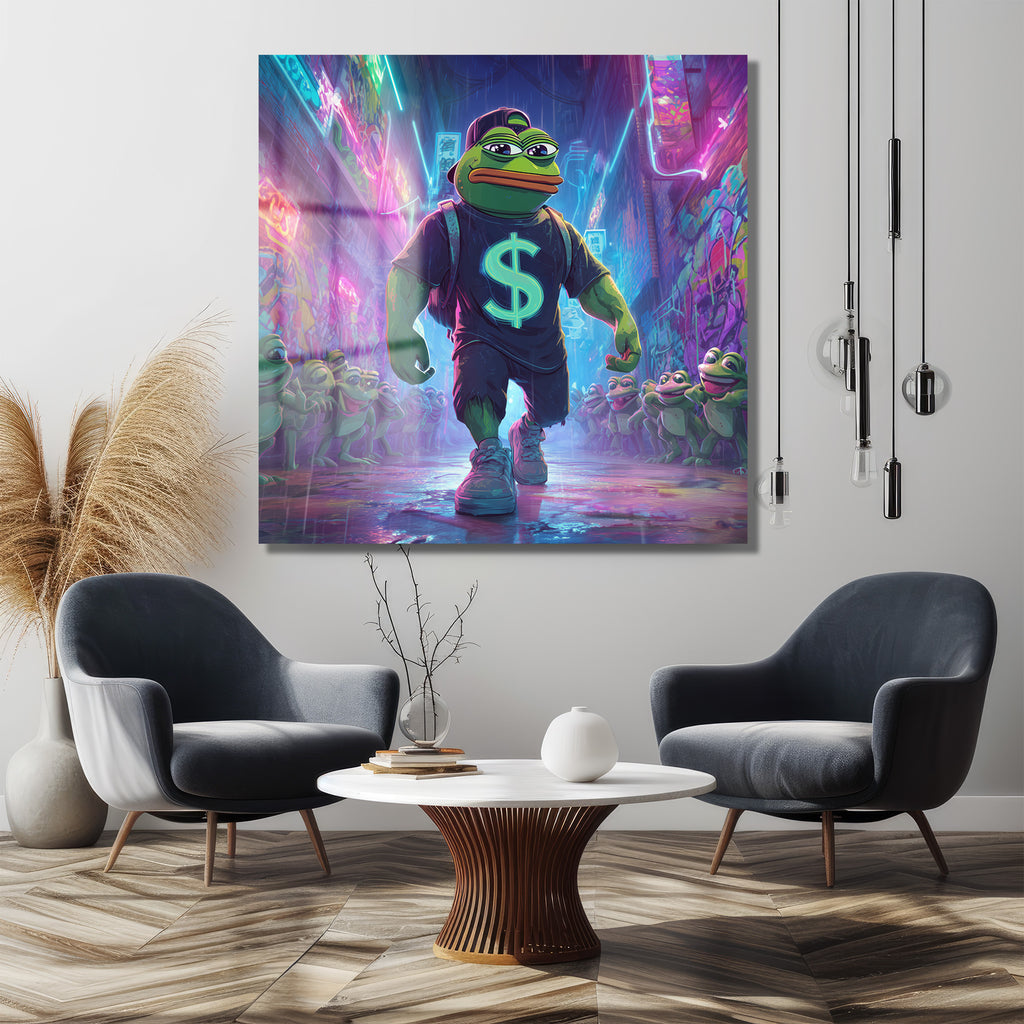 Pepe the Frog Neon Işıklar Altında: Dijital Sanat Cam Tablo