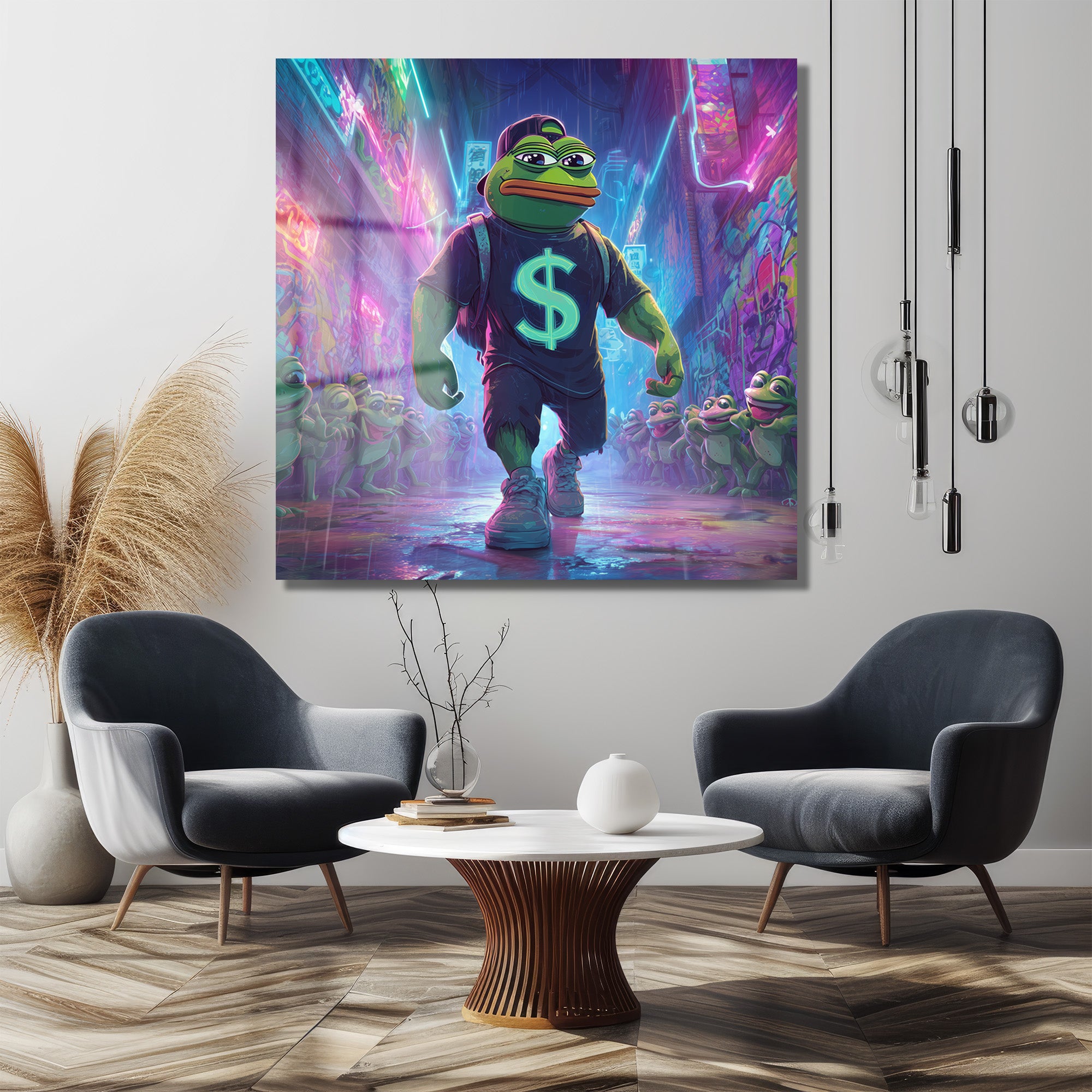 Pepe the Frog Neon Işıklar Altında: Dijital Sanat Cam Tablo