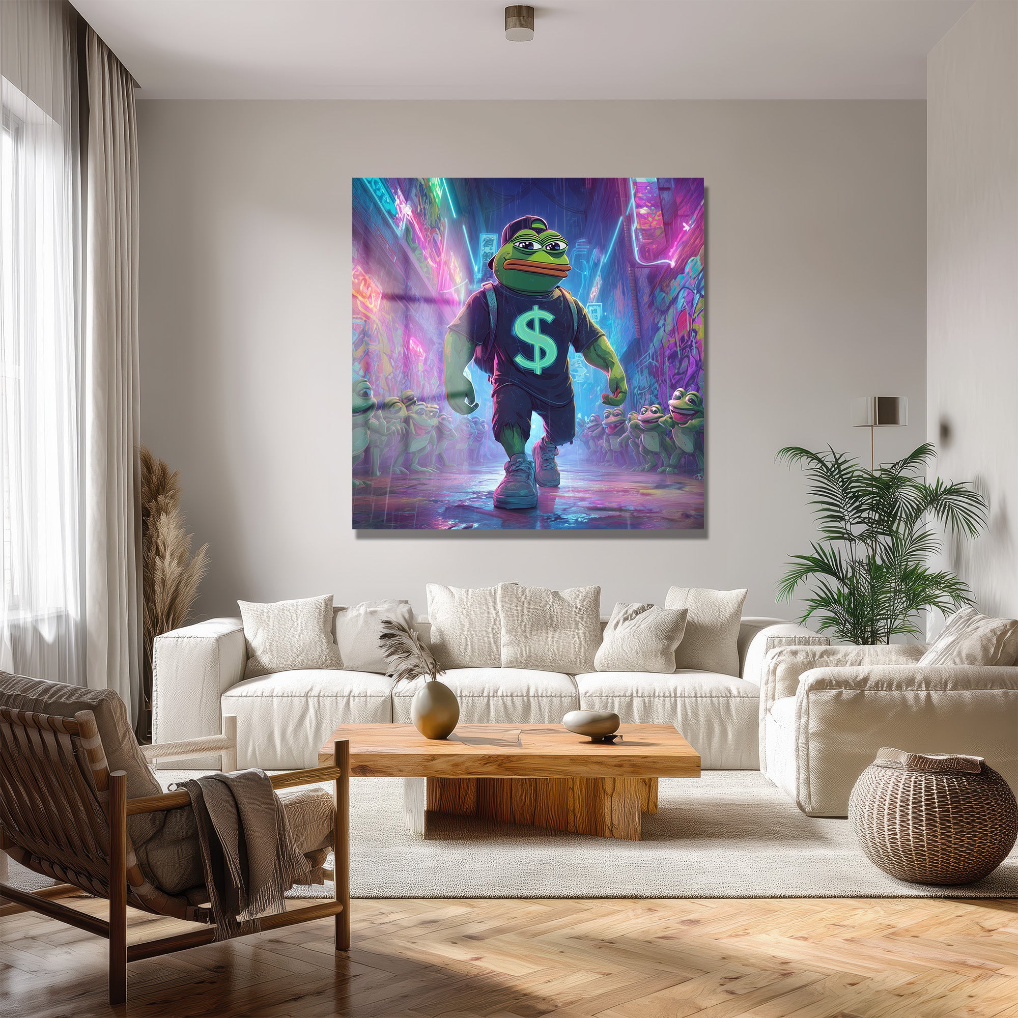 Pepe the Frog Neon Işıklar Altında: Dijital Sanat Cam Tablo