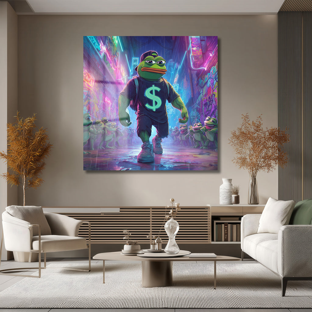 Pepe the Frog Neon Işıklar Altında: Dijital Sanat Cam Tablo