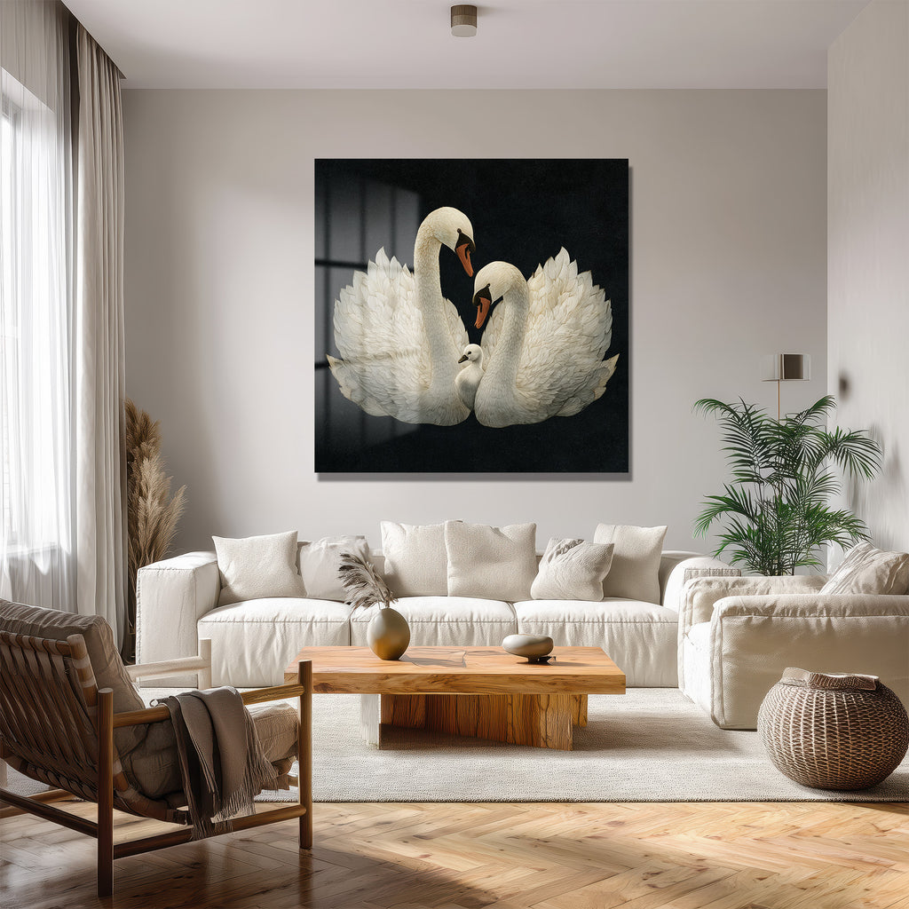 Beyaz Kuğu Ailesi Modern Cam Tablo - Evinize Zarafet Katın