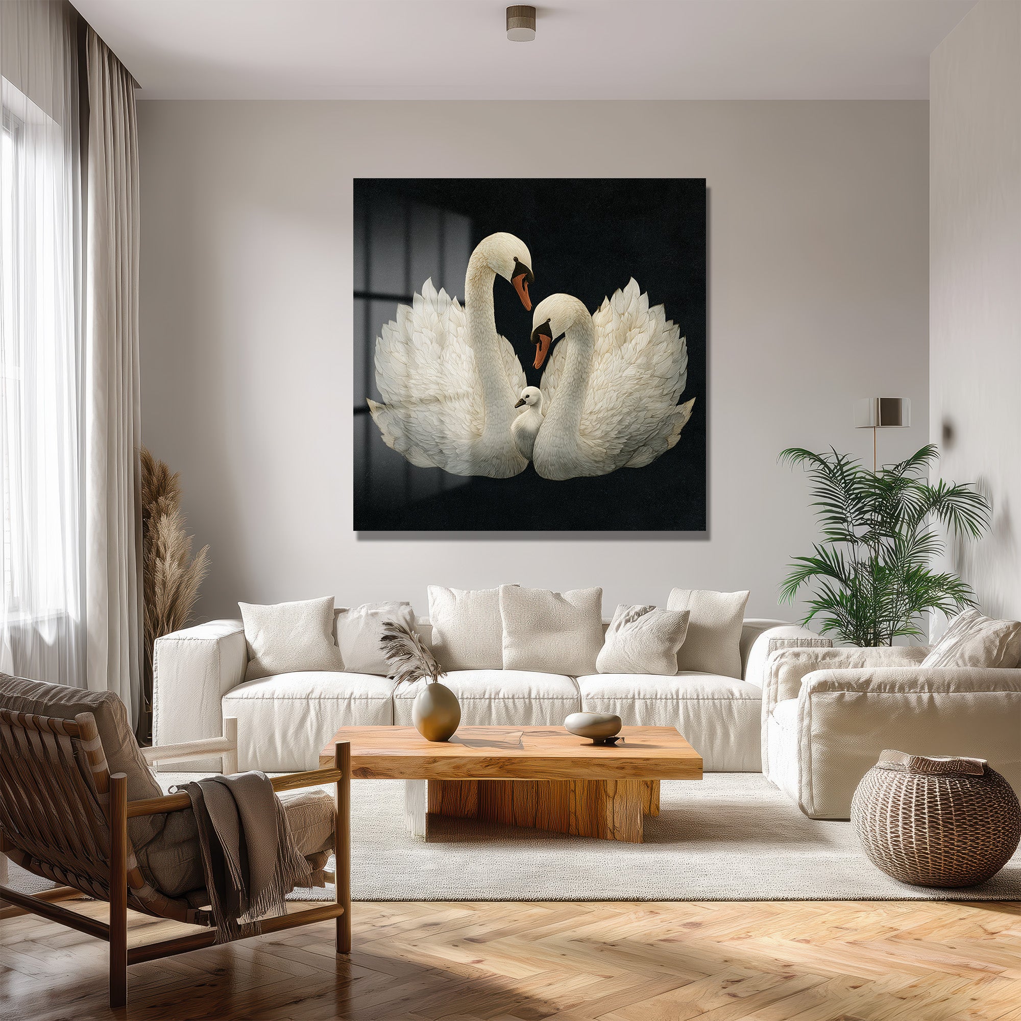 Beyaz Kuğu Ailesi Modern Cam Tablo - Evinize Zarafet Katın