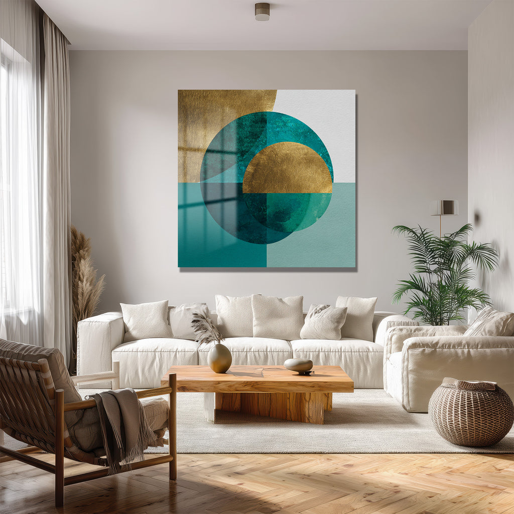 Asil Turkuaz ve Altın Detaylı Geometrik Cam Tablo