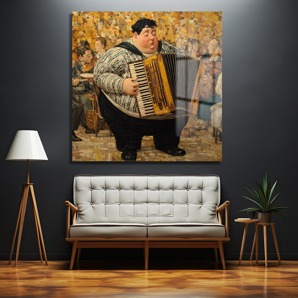 Neşeli Akordeoncu Müzik Ziyafeti Cam Tablo