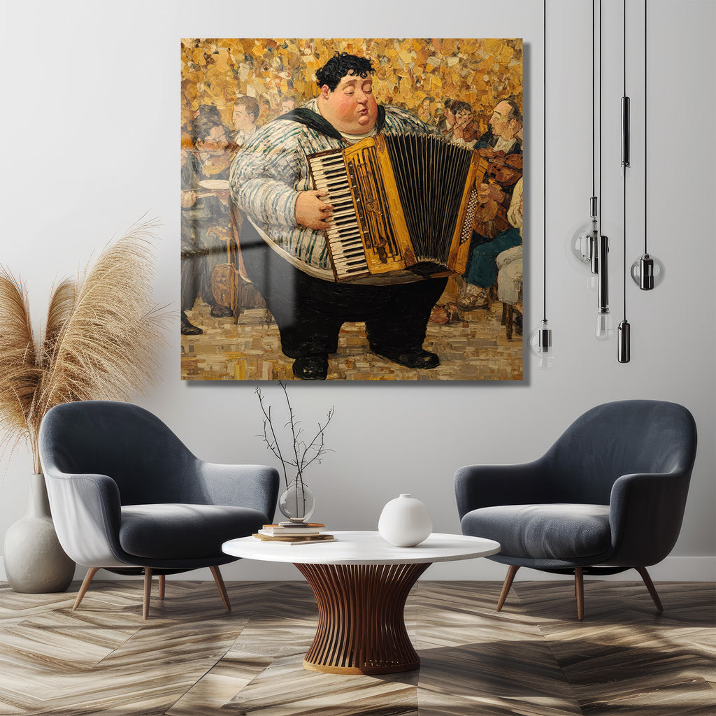 Neşeli Akordeoncu Müzik Ziyafeti Cam Tablo