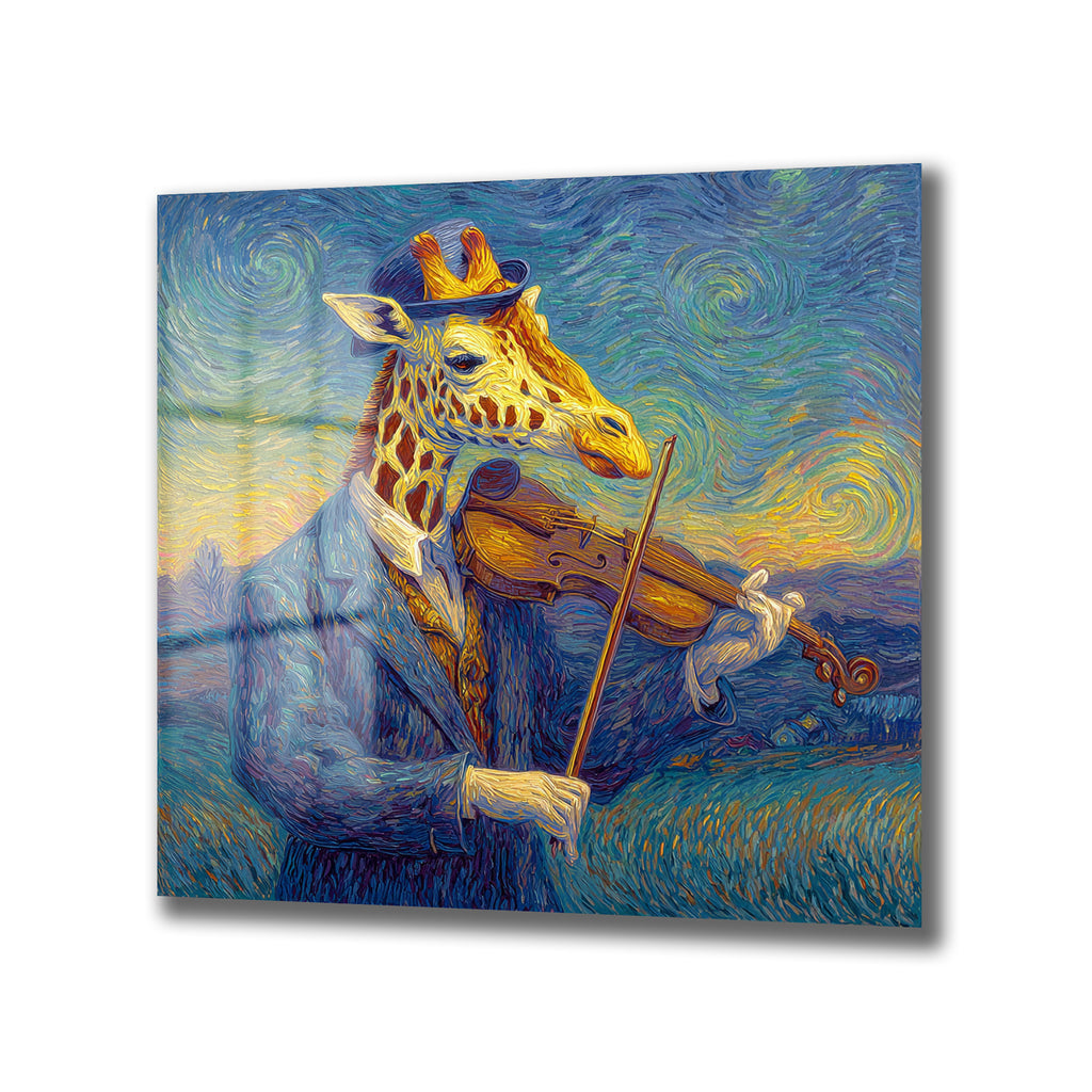 Van Gogh Tarzı Keman Çalan Zürafa Cam Tablo