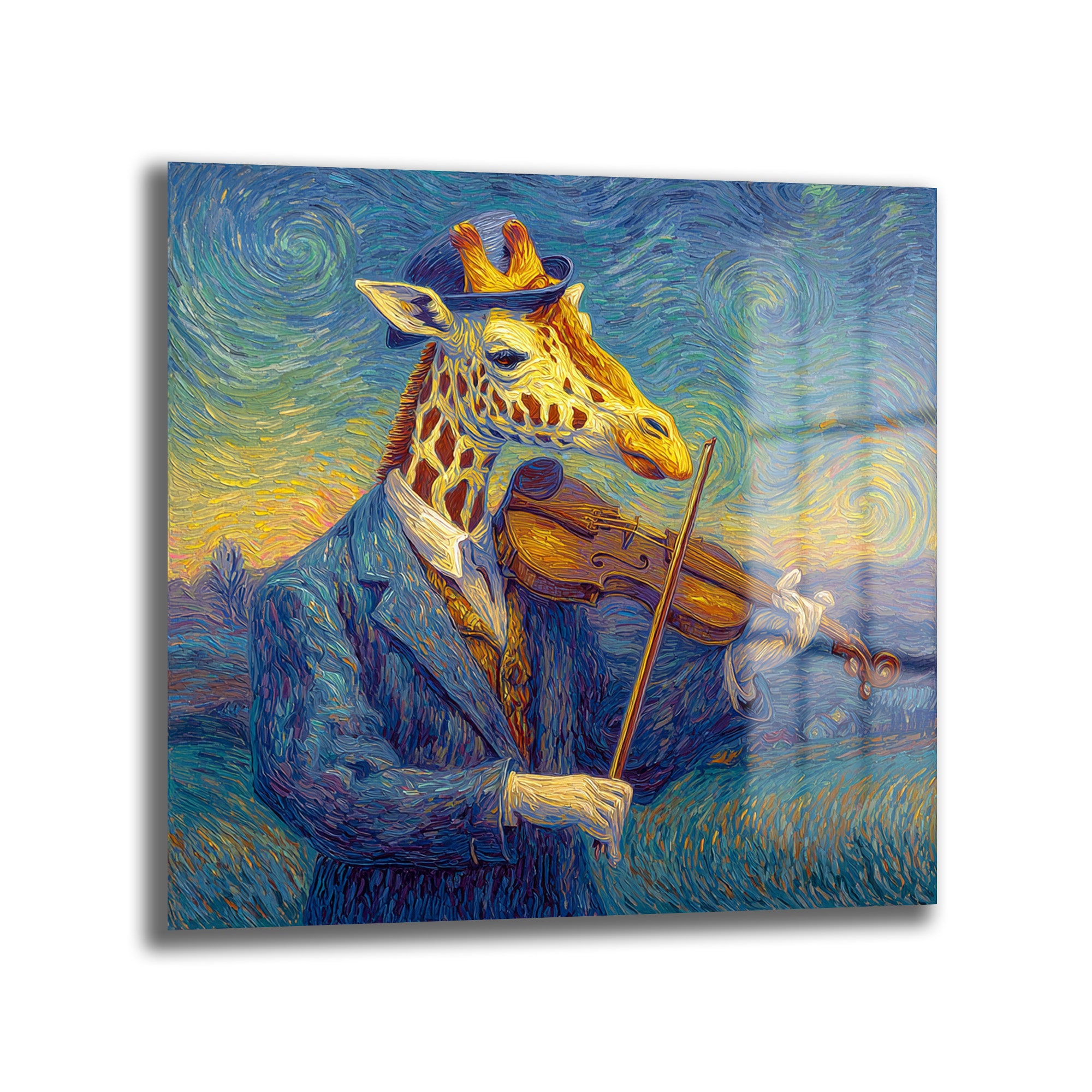 Van Gogh Tarzı Keman Çalan Zürafa Cam Tablo