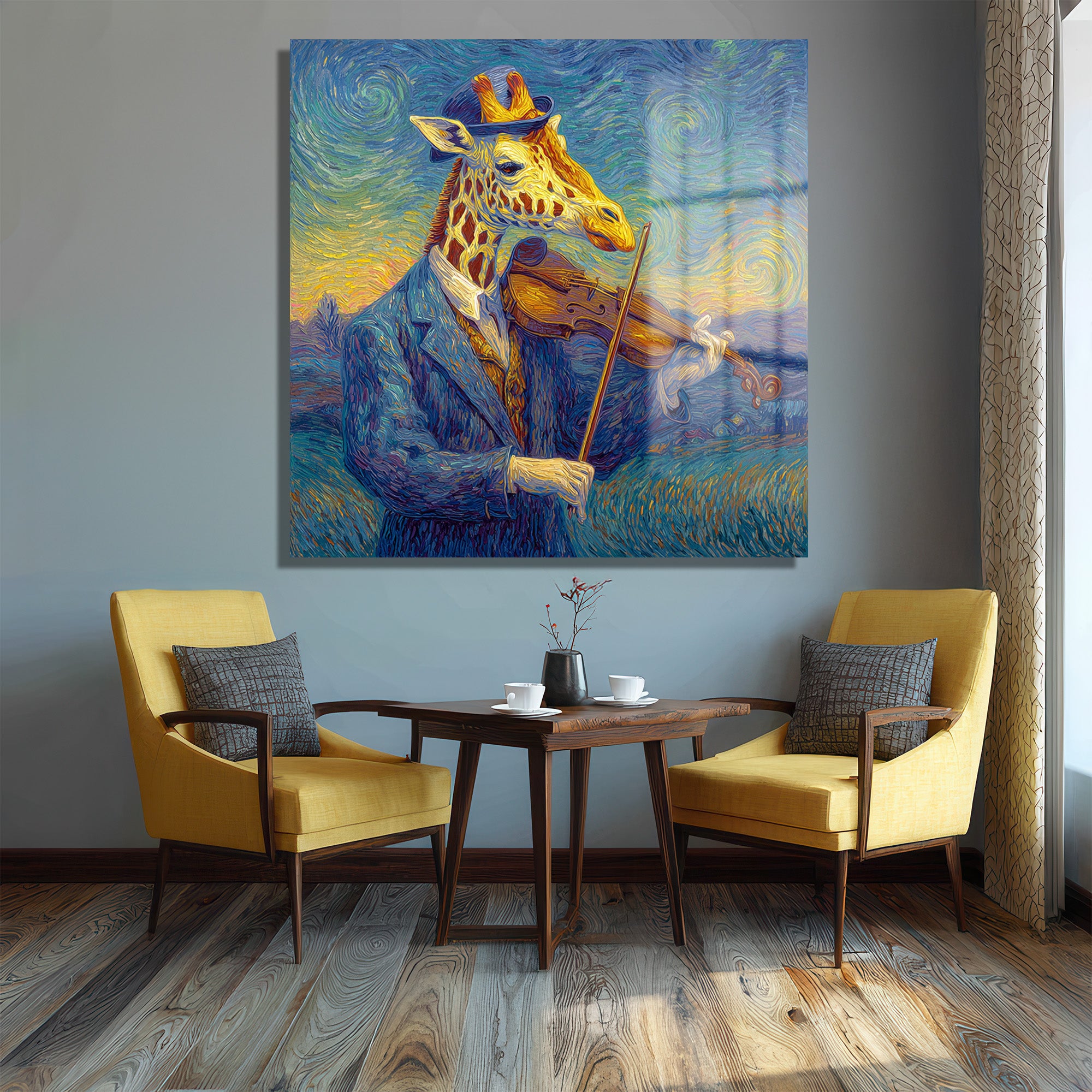 Van Gogh Tarzı Keman Çalan Zürafa Cam Tablo