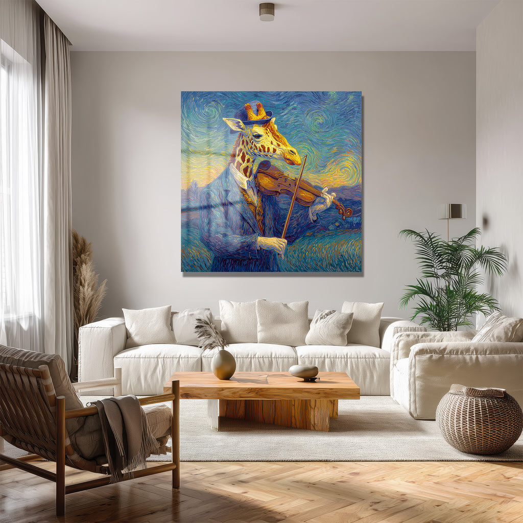 Van Gogh Tarzı Keman Çalan Zürafa Cam Tablo