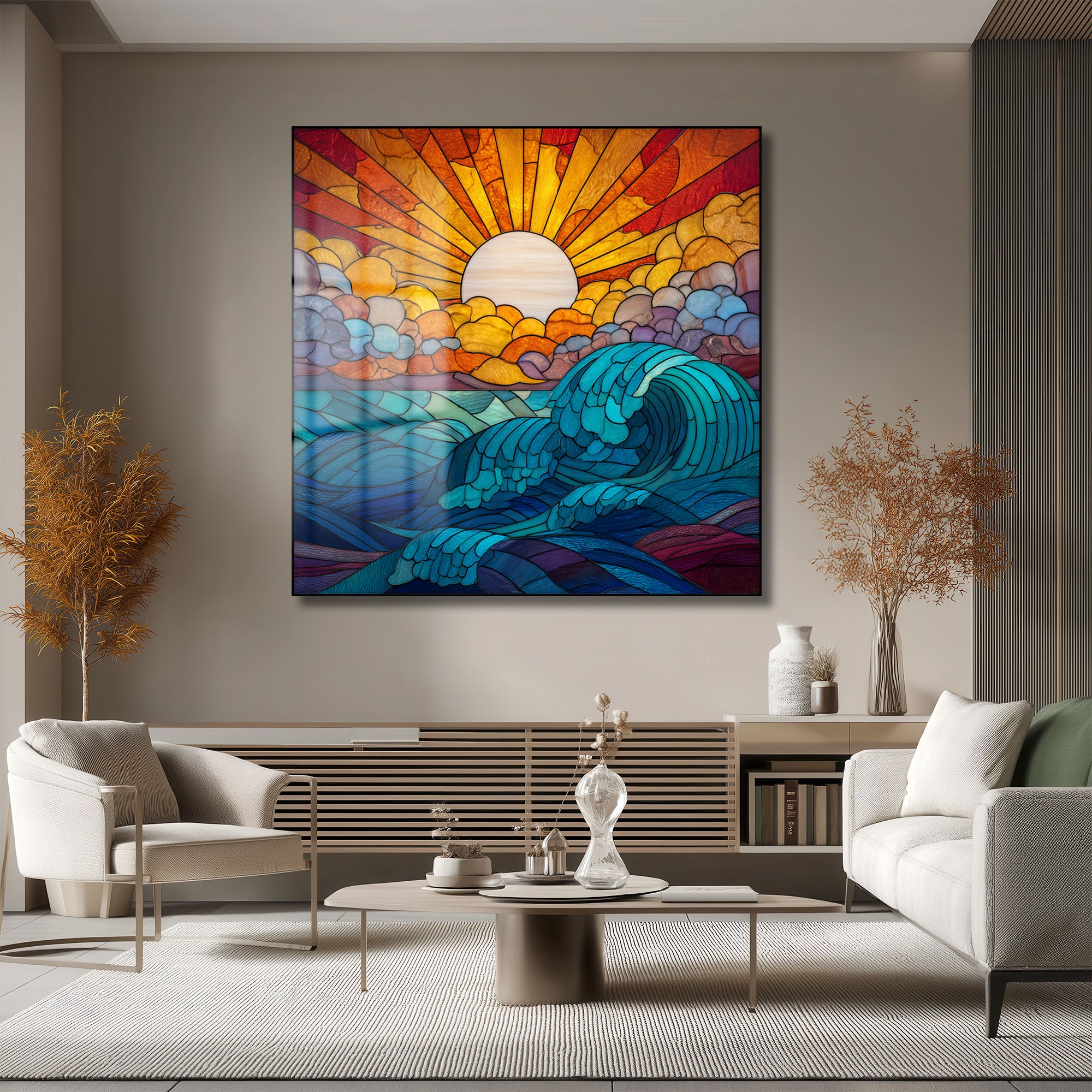 Güneşin Doğuşu ve Coşkulu Dalgalar Vitray Cam Tablo