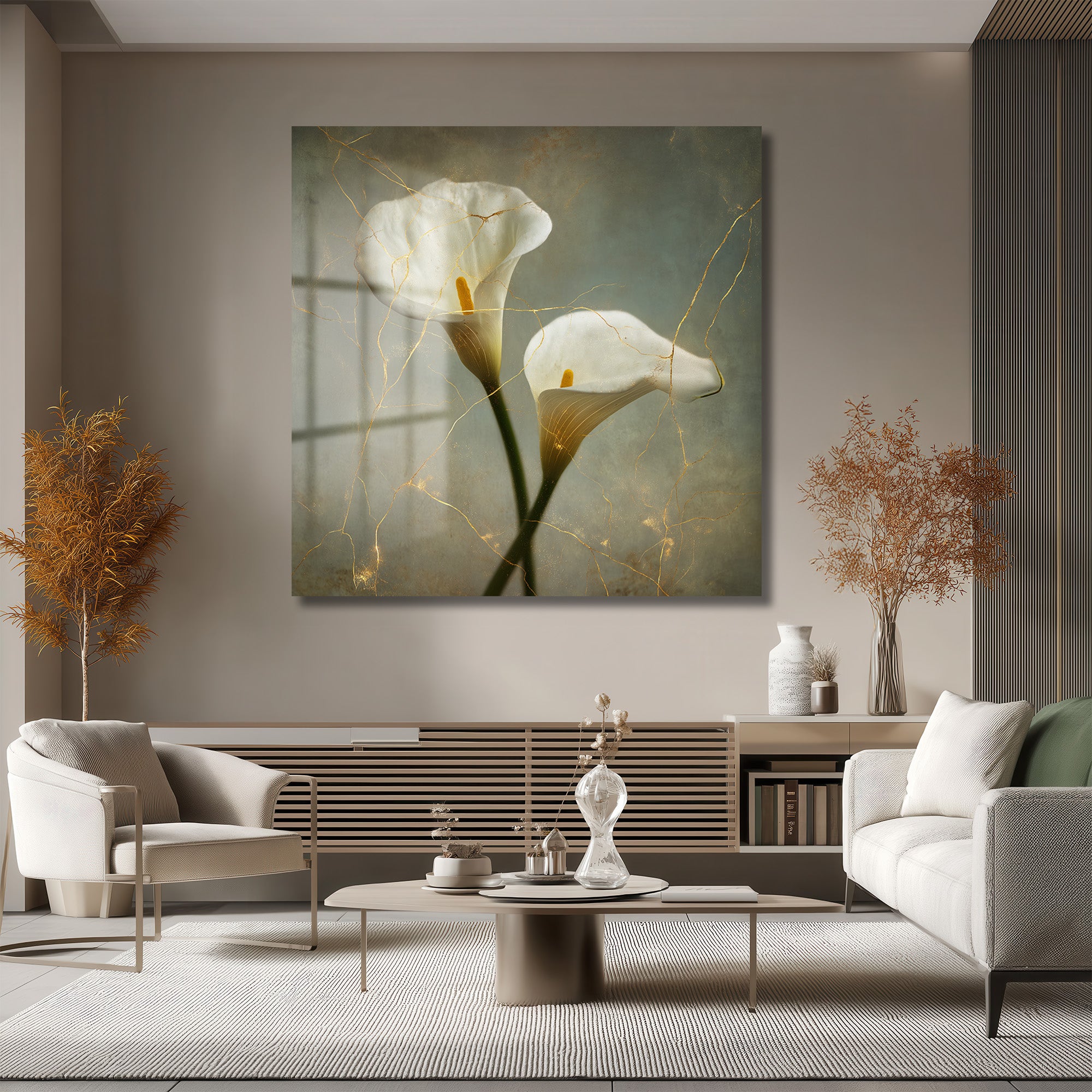 Kintsugi Calla Lily Cam Tablo: Altın Dokunuşlu Zarafet