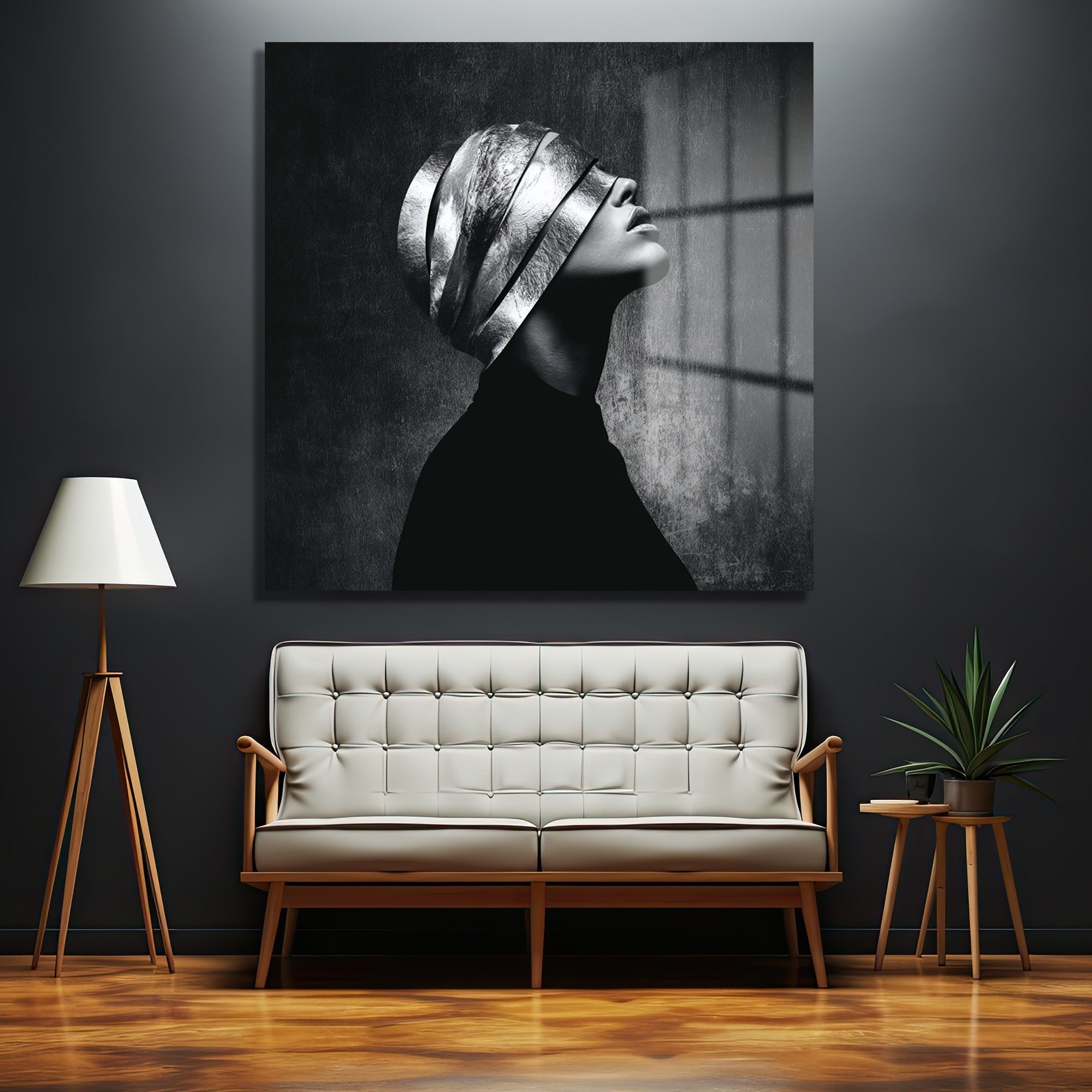 Gümüş Maskeli Kadın Modern Sanat Cam Tablo