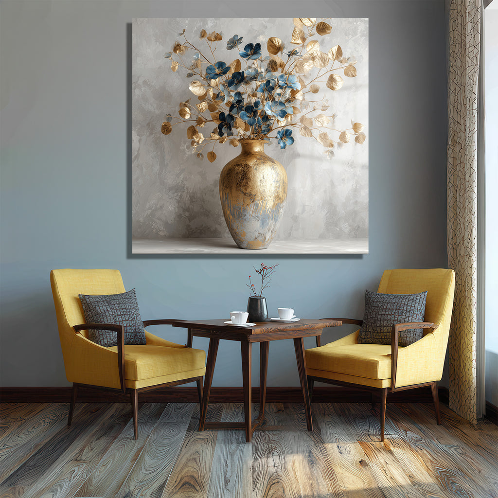 Lüks Altın Vazo Mavi Çiçekler Cam Tablo