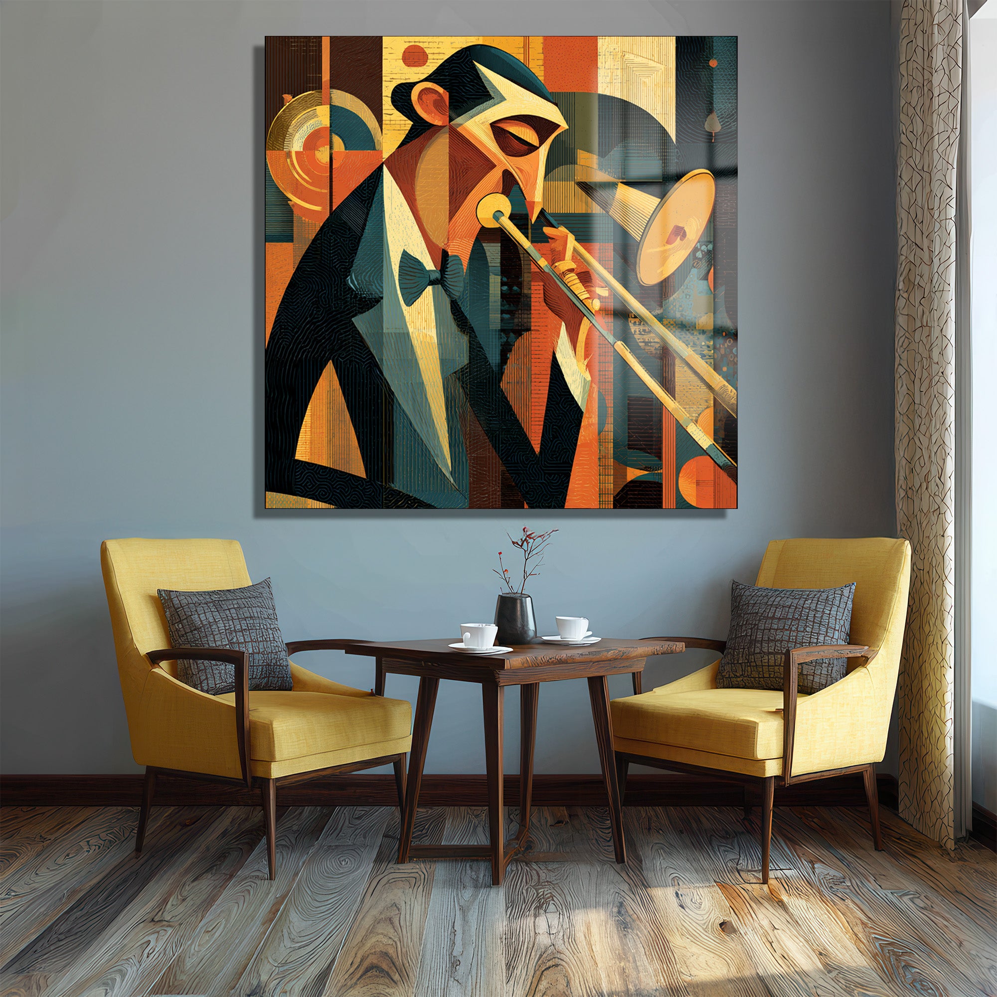 Caz Müzisyeni Kübist Cam Tablo - Glazella Sanat Koleksiyonu